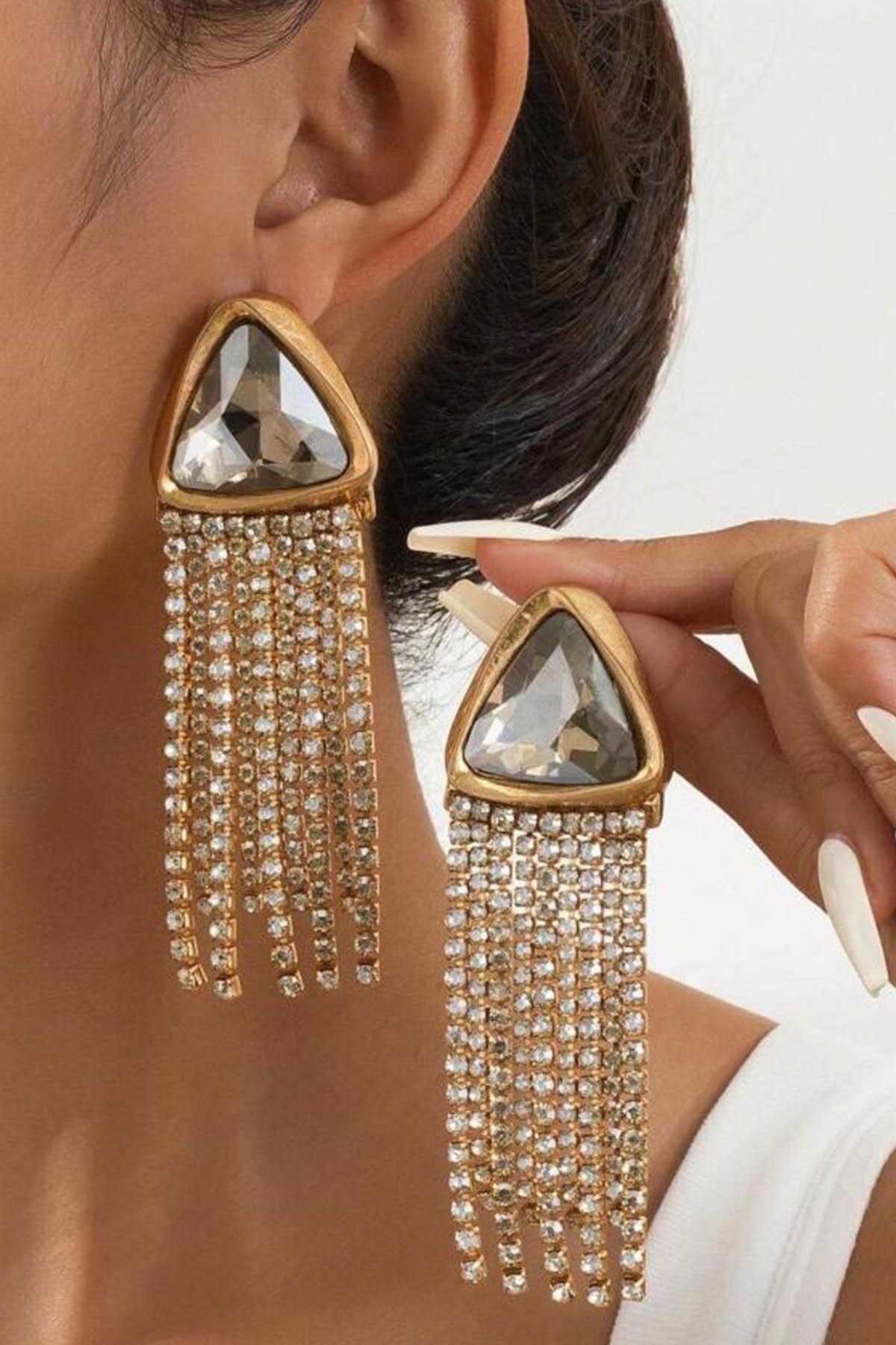 Altın Renk Taş Detaylı Sallantılı Abiye Küpe (Çift)