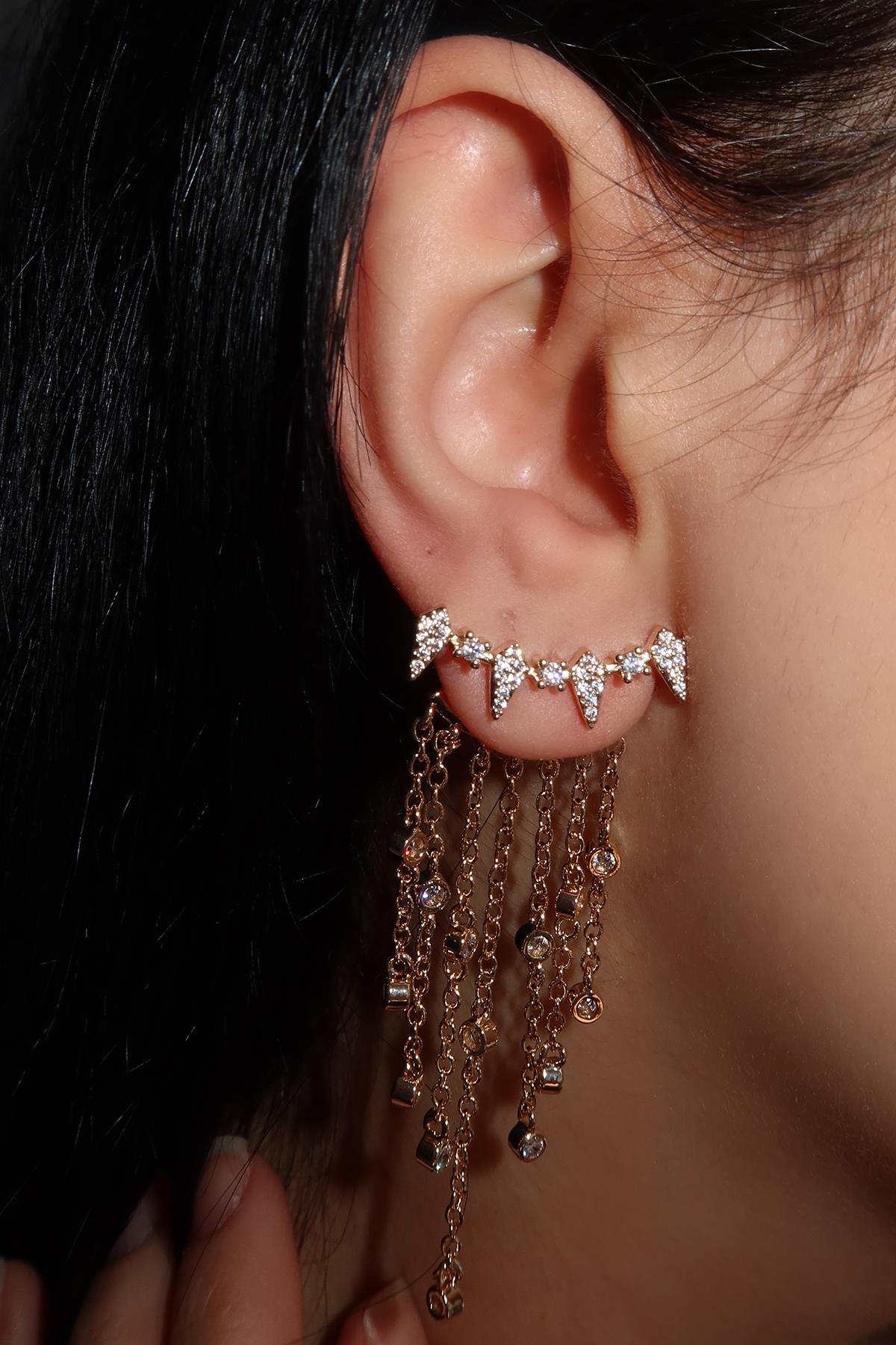 Altın Renk Taş Detaylı Sallantılı VİP YSX Küpe (Çift)