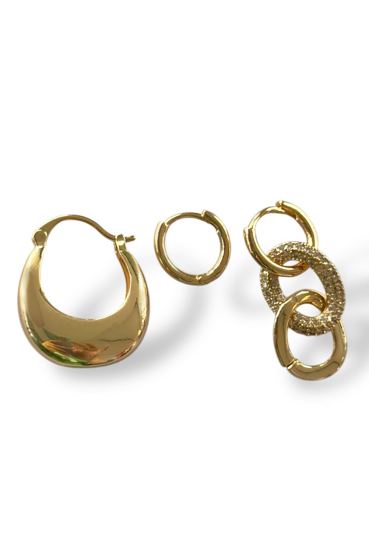 Altın Renk Taş Detaylı VİP 3'lü Halka YSX Küpe Set