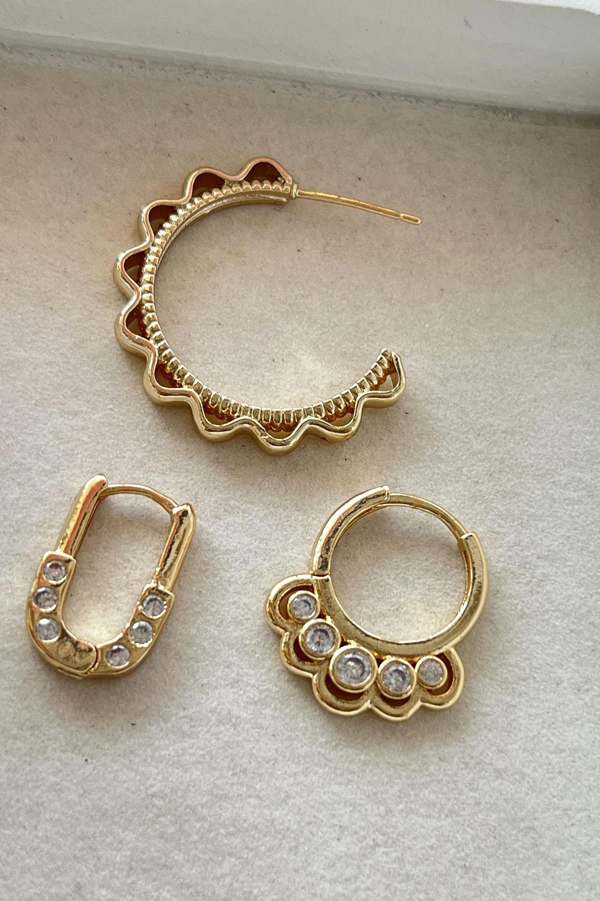 Altın Renk Taş Detaylı VİP 3'lü YSX Halka Küpe Set