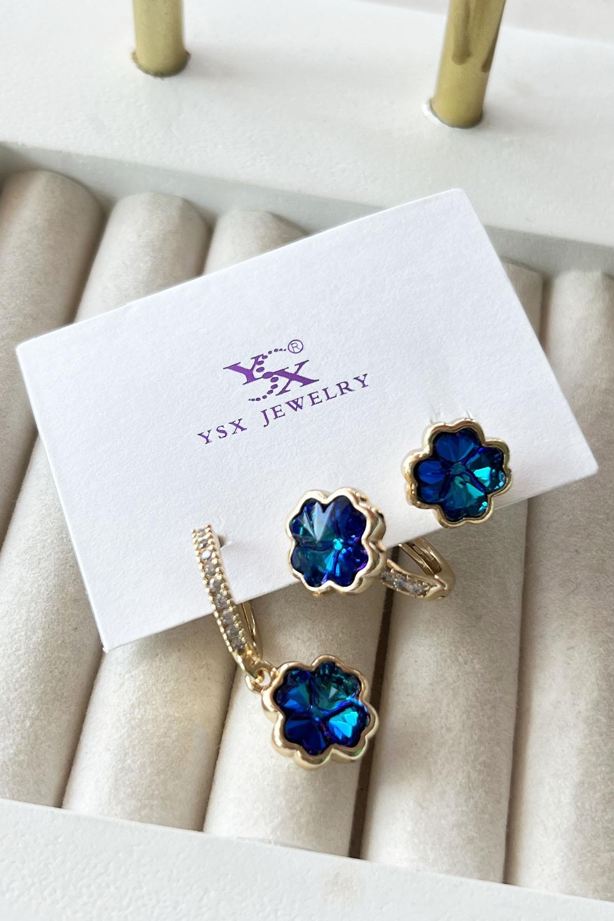 Altın Renk Taş Detaylı VİP 3'lü YSX Küpe Set