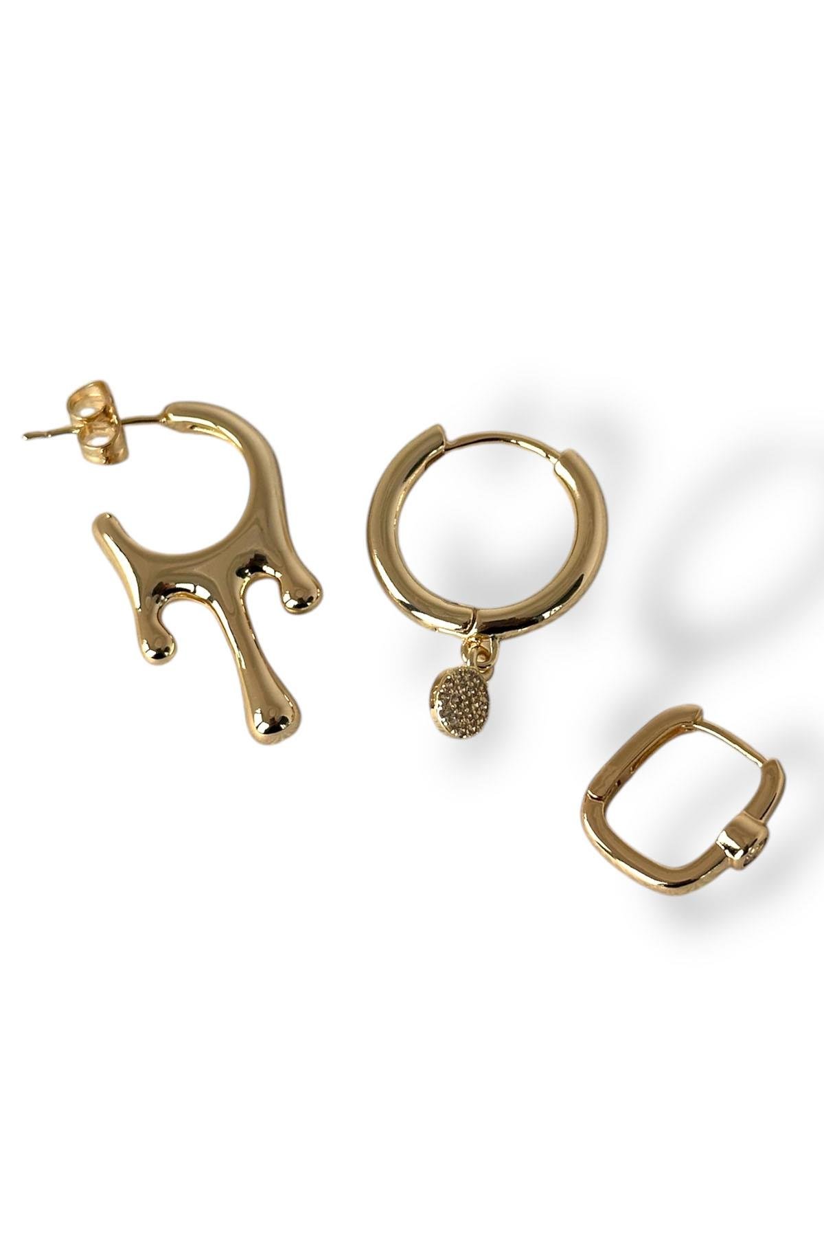 Altın Renk Taş Detaylı VİP 3'lü YSX Küpe Set