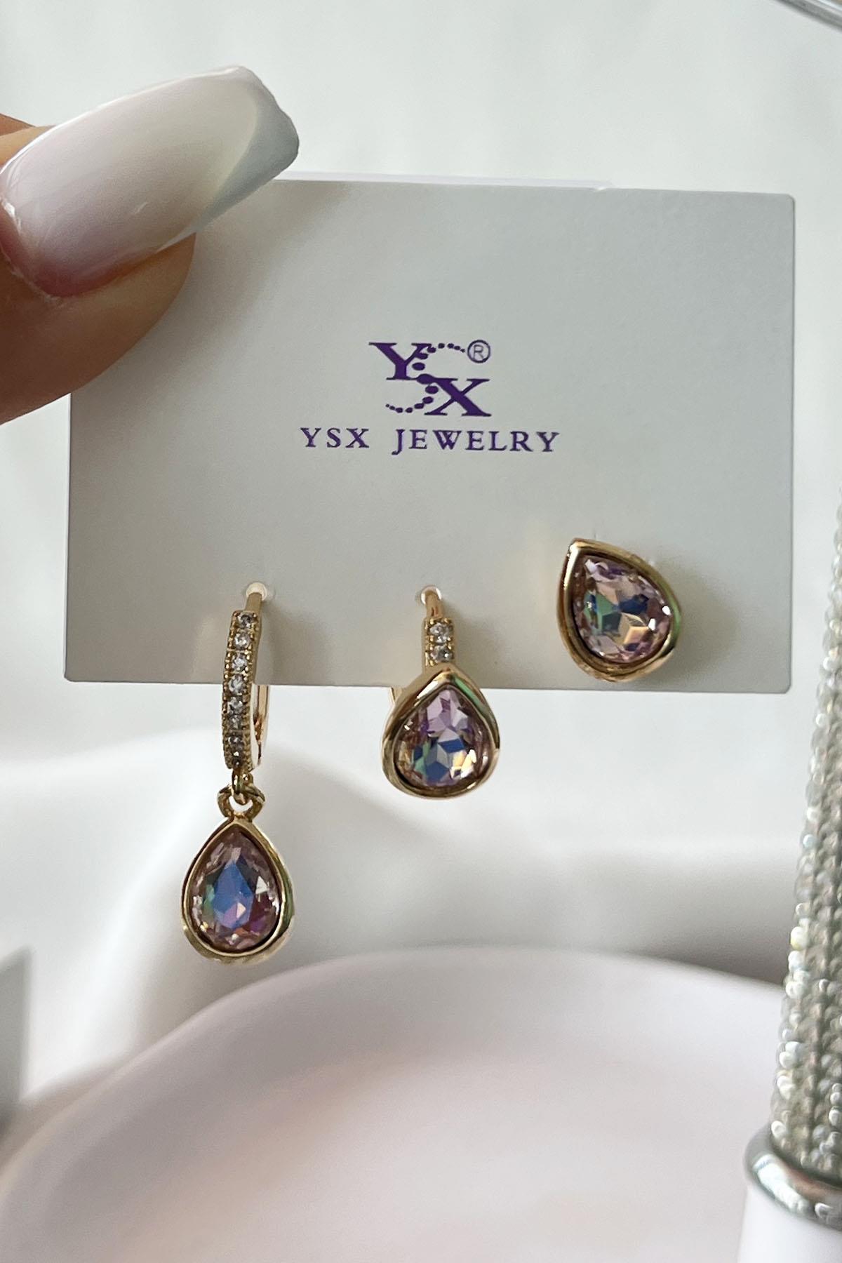 Altın Renk Taş Detaylı VİP 3'lü YSX Küpe Set