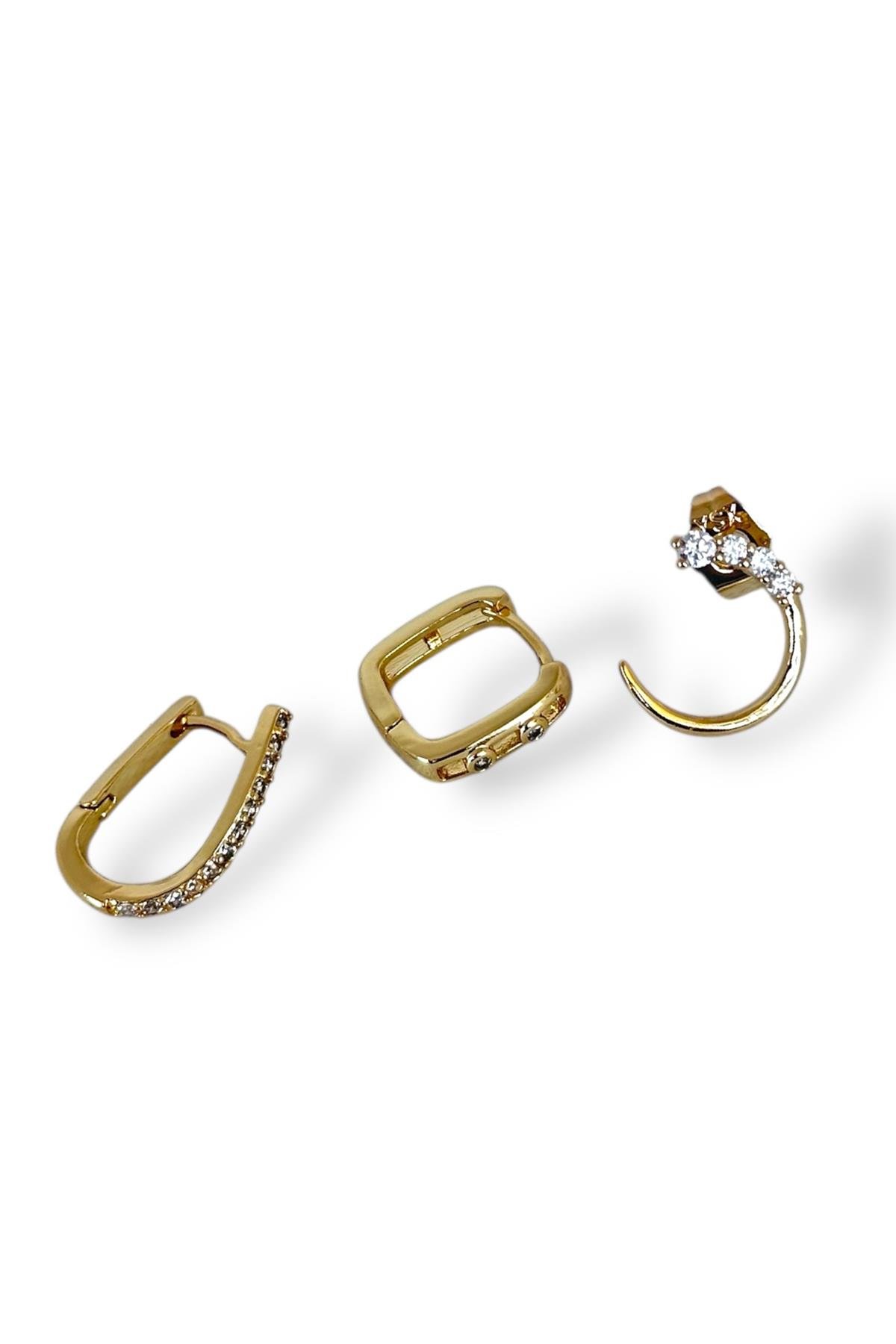 Altın Renk Taş Detaylı VİP 3'lü YSX Küpe Set