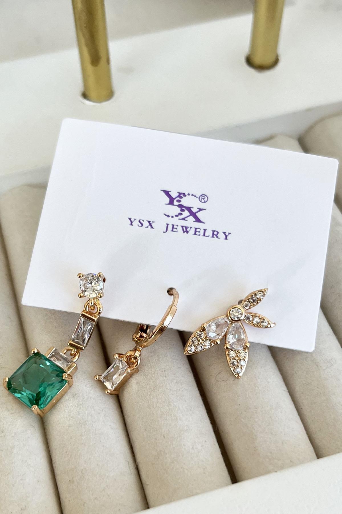 Altın Renk Taş Detaylı VİP 3'lü YSX Küpe Set