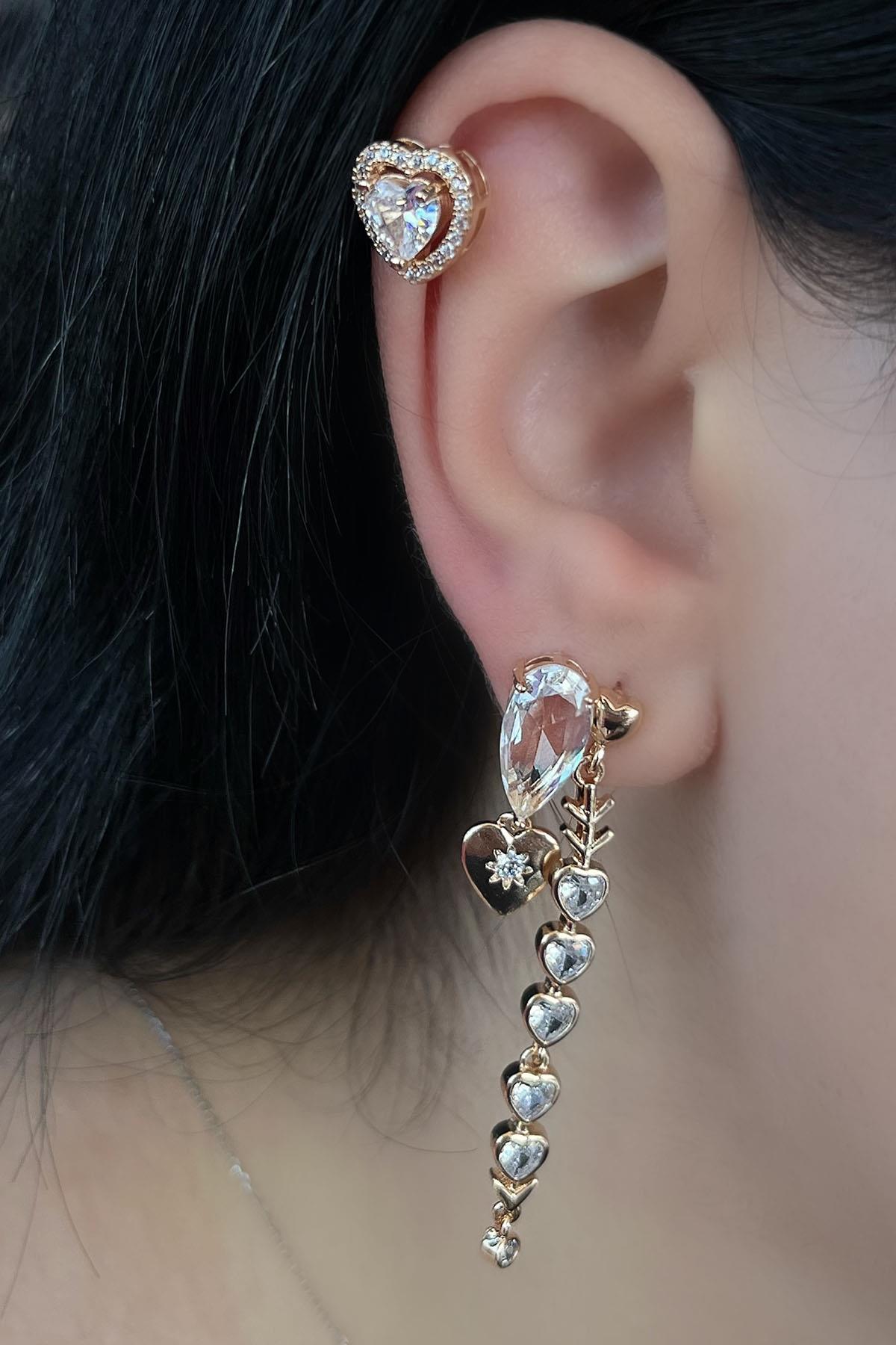 Altın Renk Taş Detaylı VİP 3'lü YSX Küpe Set