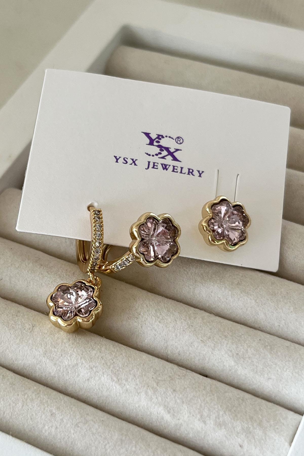 Altın Renk Taş Detaylı VİP 3'lü YSX Küpe Set