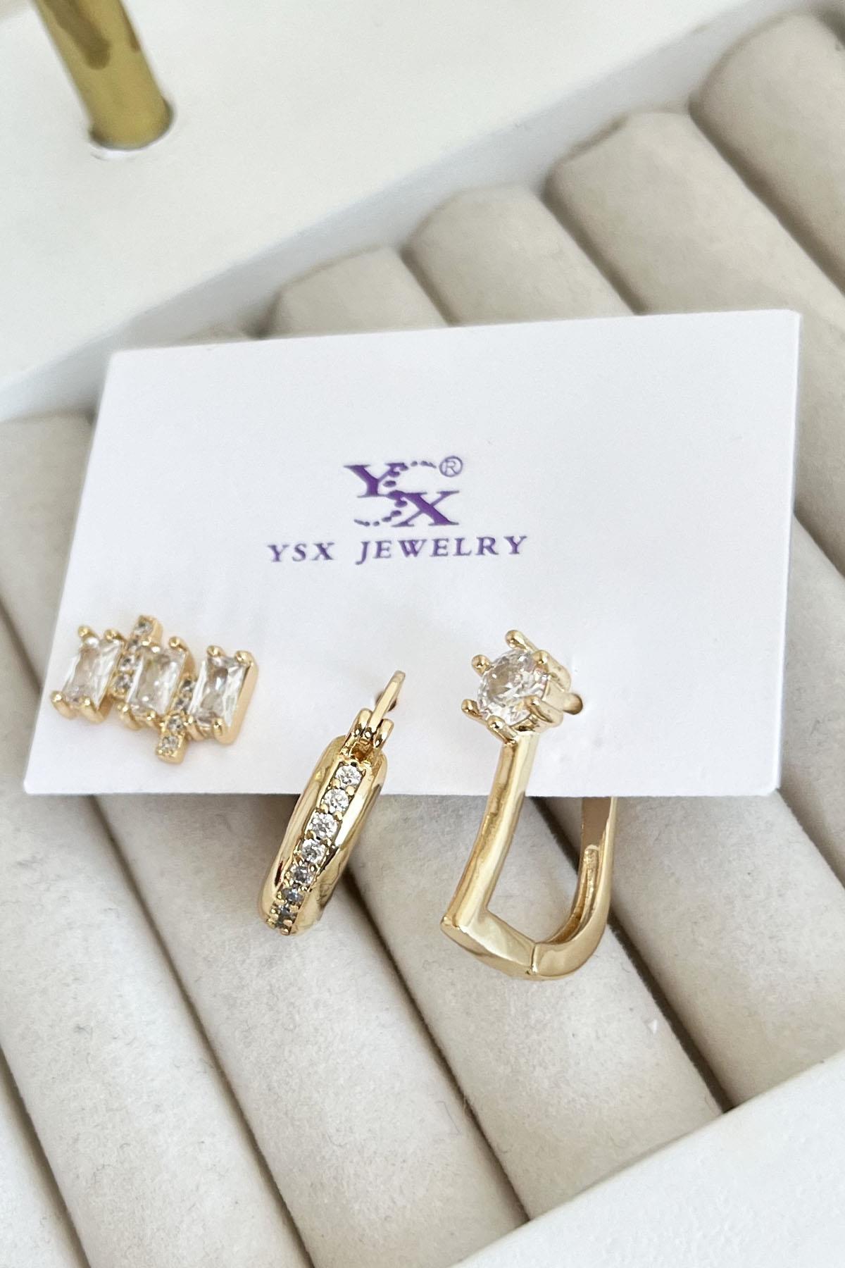 Altın Renk Taş Detaylı VİP 3'lü YSX Küpe Set