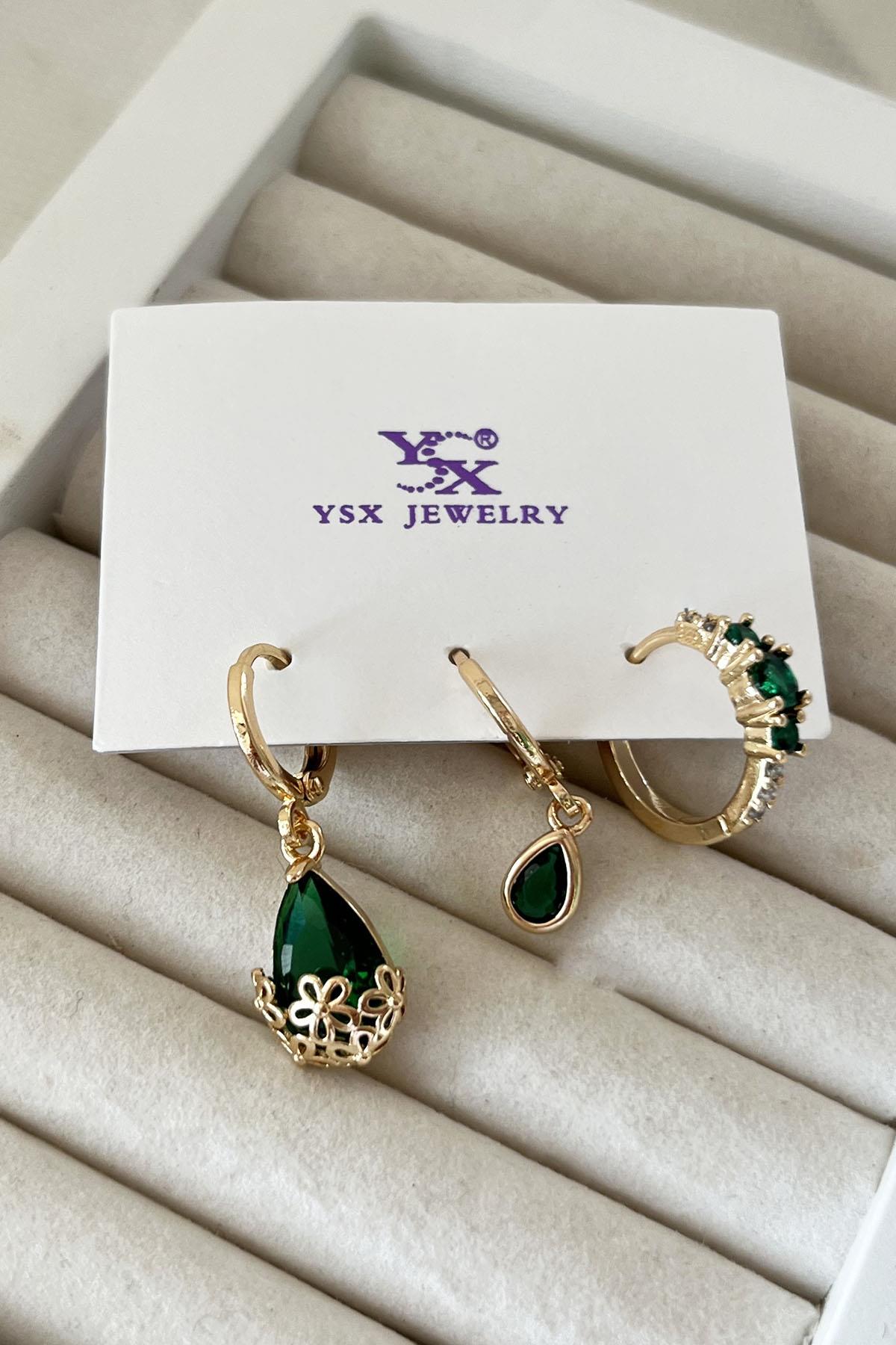 Altın Renk Taş Detaylı VİP 3'lü YSX Küpe Set