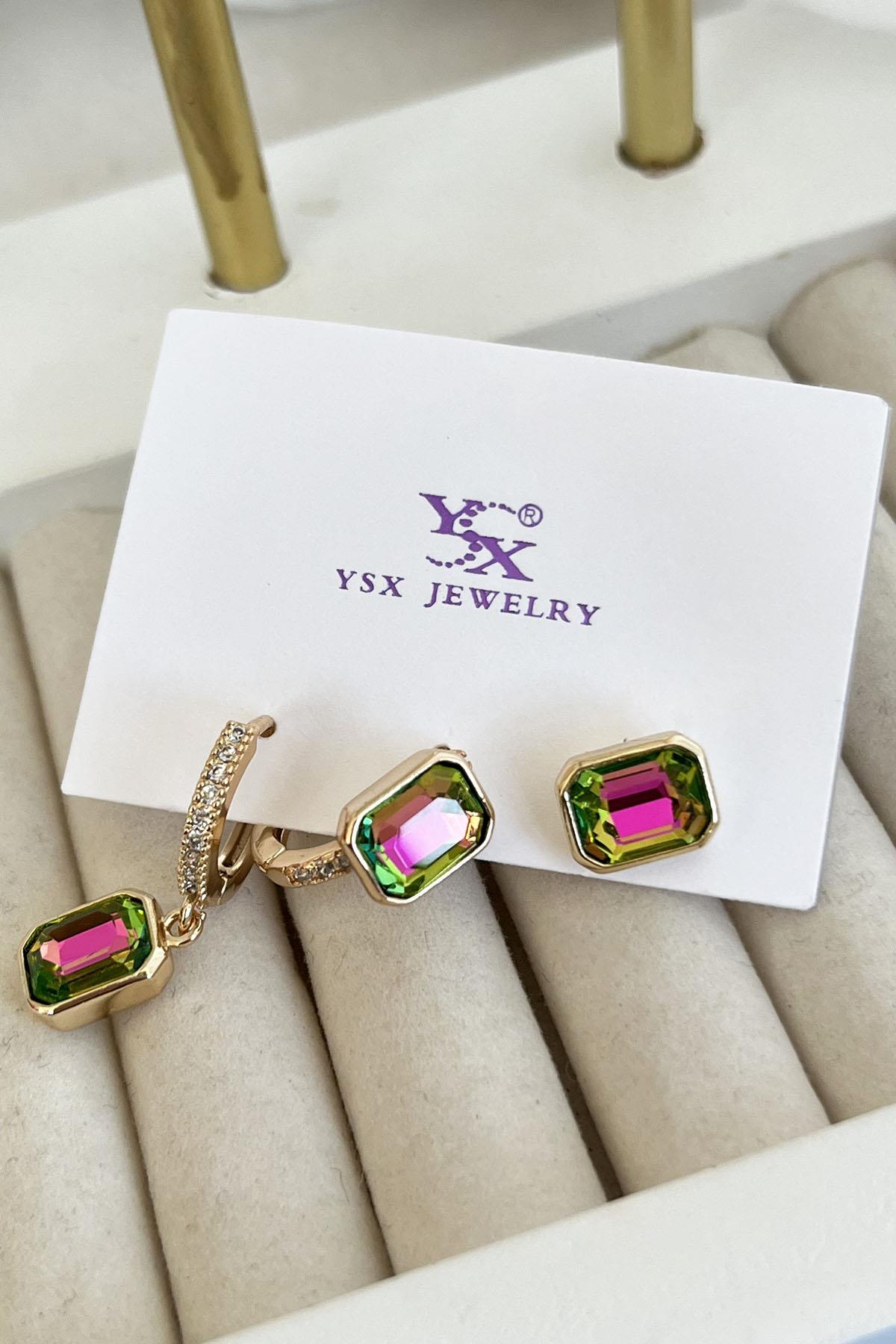 Altın Renk Taş Detaylı VİP 3'lü YSX Küpe Set