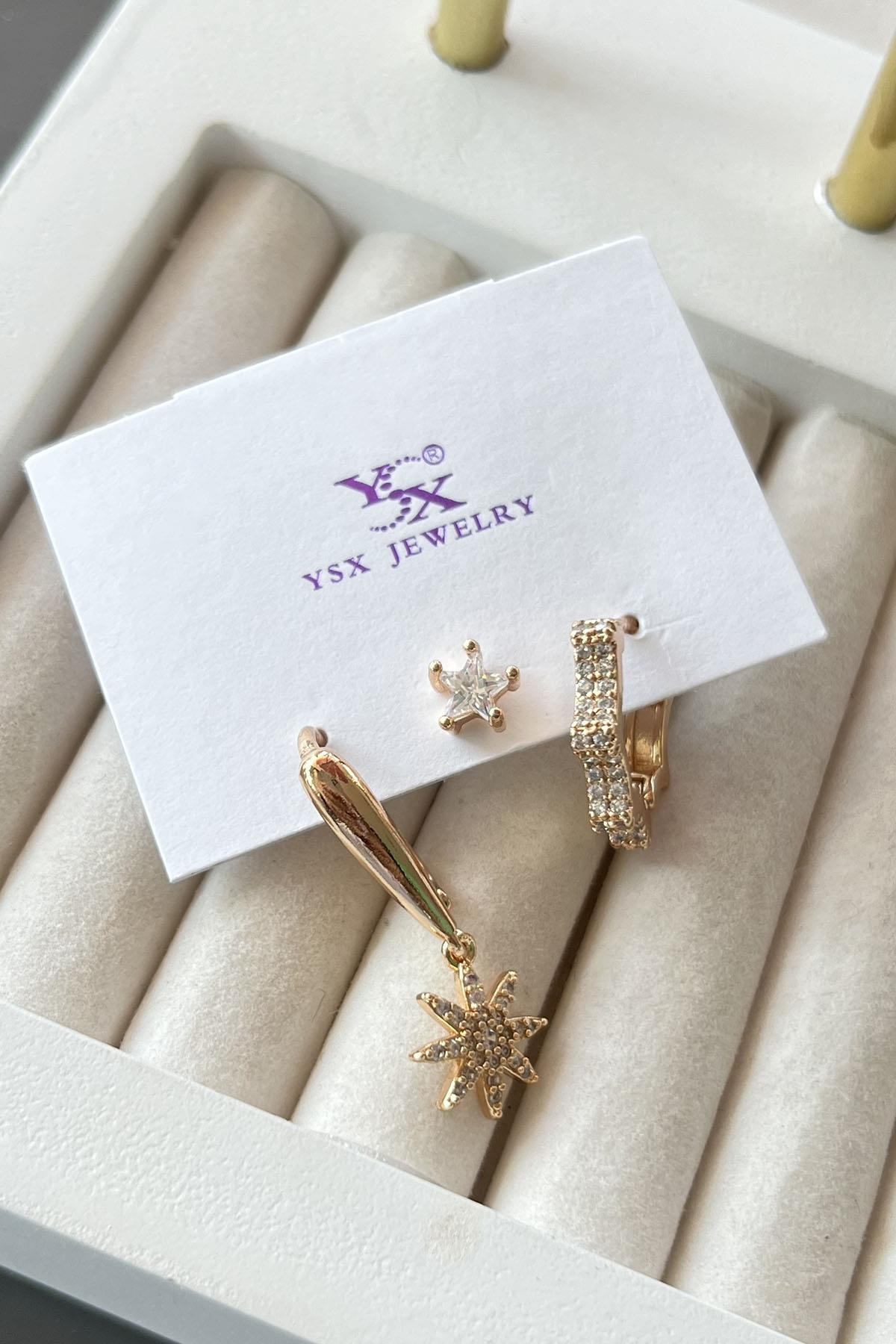 Altın Renk Taş Detaylı VİP 3'lü YSX Küpe Set