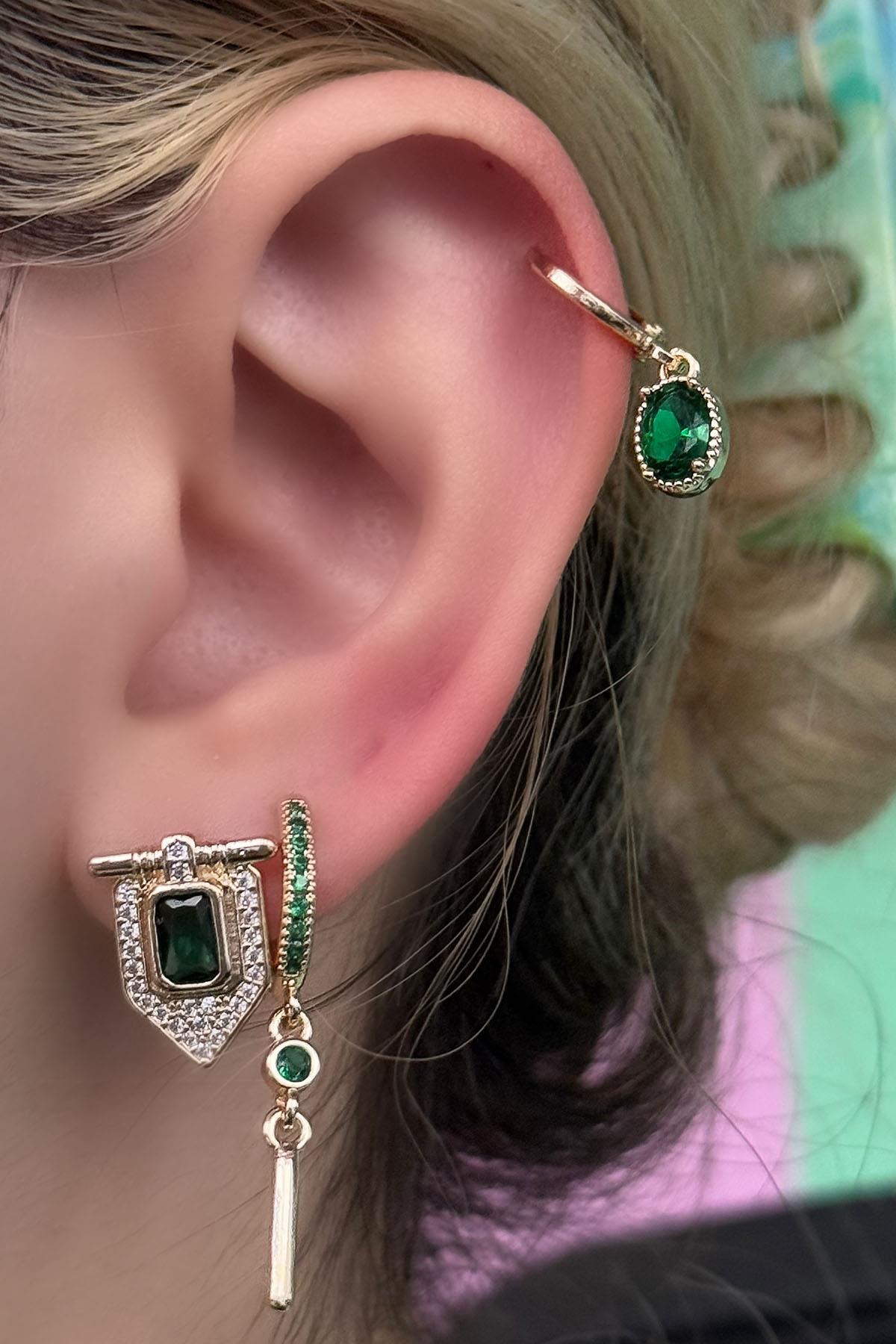 Altın Renk Taş Detaylı VİP 3'lü YSX Küpe Set