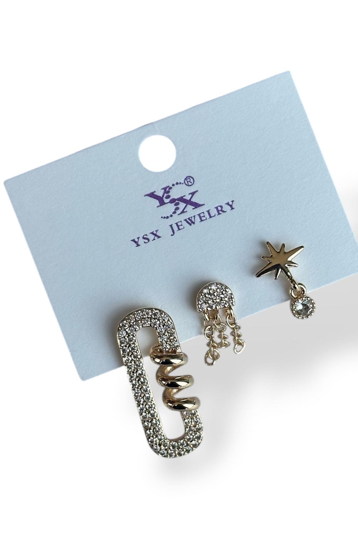 Altın Renk Taş Detaylı VİP 3'lü YSX Küpe Set