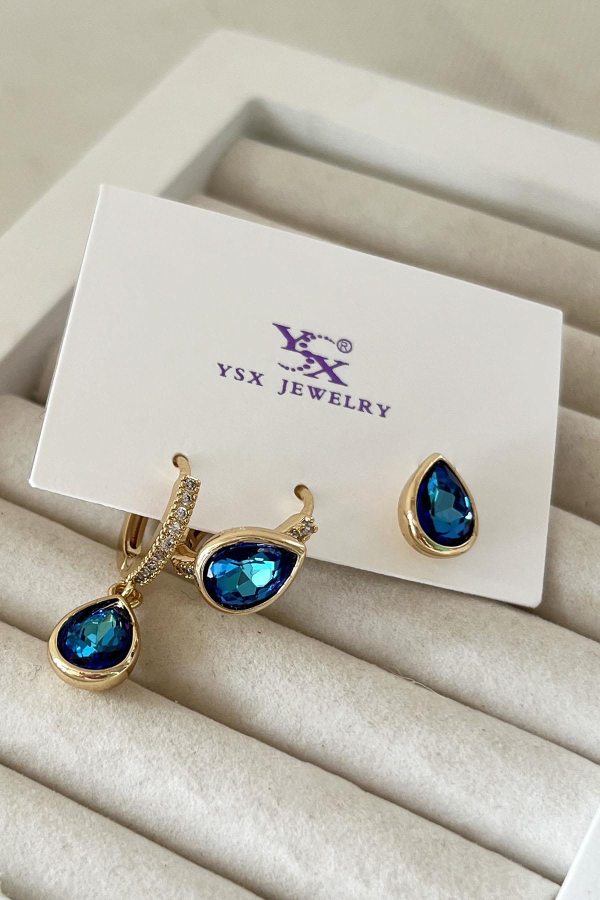 Altın Renk Taş Detaylı VİP 3'lü YSX Küpe Set