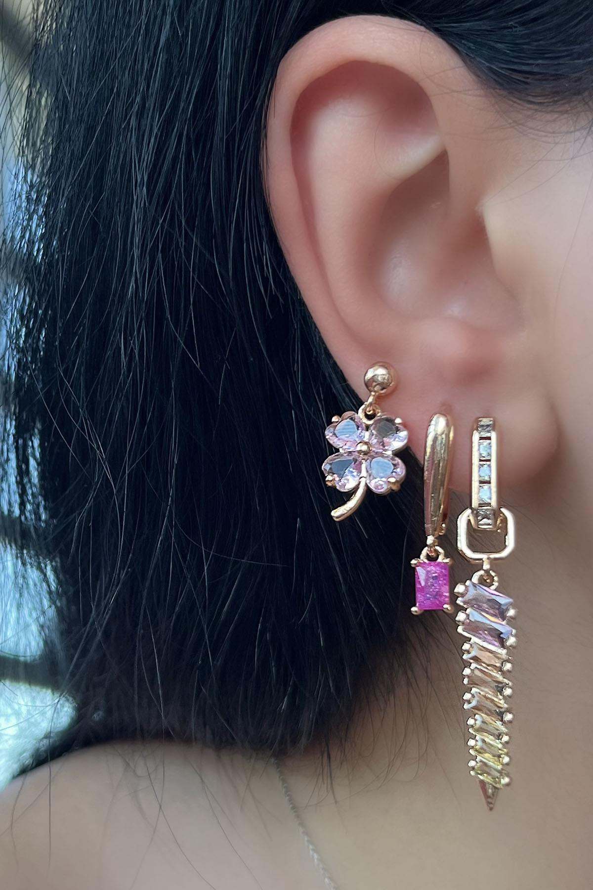 Altın Renk Taş Detaylı VİP 3'lü YSX Küpe Set