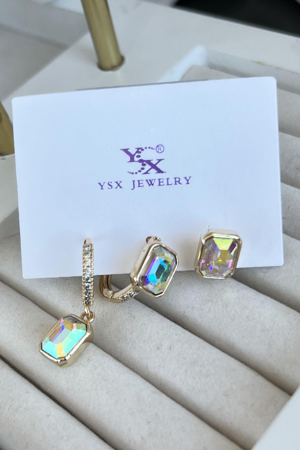 Altın Renk Taş Detaylı VİP 3'lü YSX Küpe Set