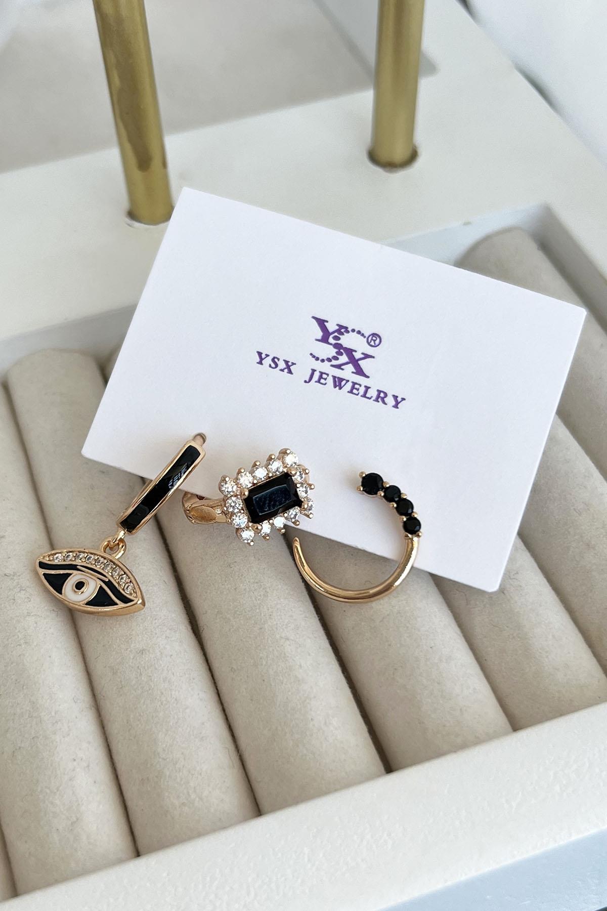 Altın Renk Taş Detaylı VİP 3'lü YSX Küpe Set