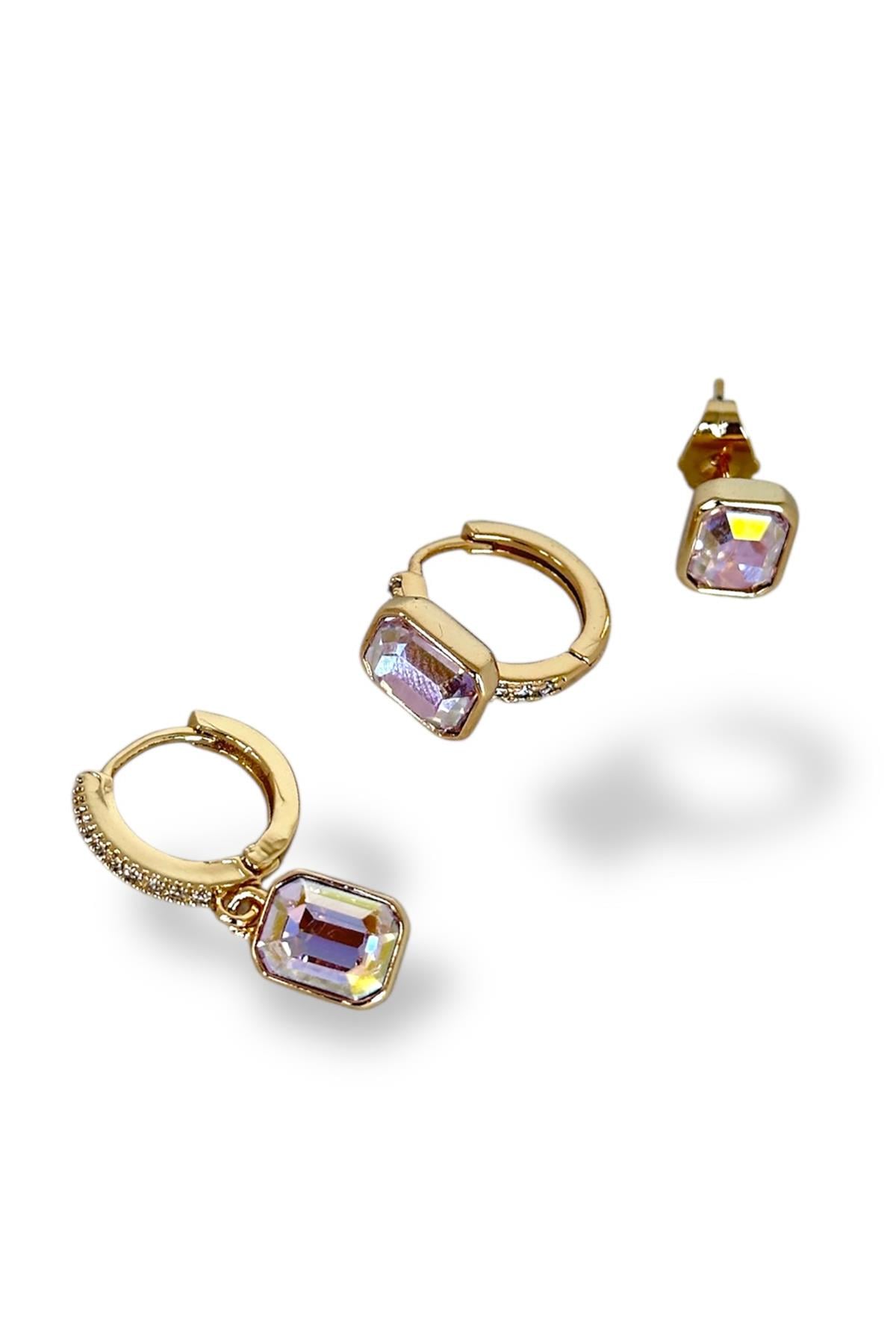 Altın Renk Taş Detaylı VİP 3'lü YSX Küpe Set