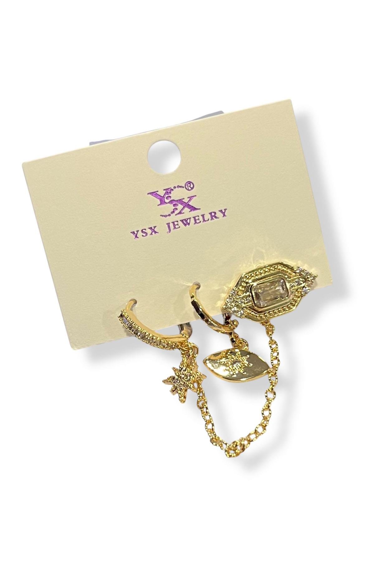 Altın Renk Taş Detaylı VİP 3'lü YSX Küpe Set