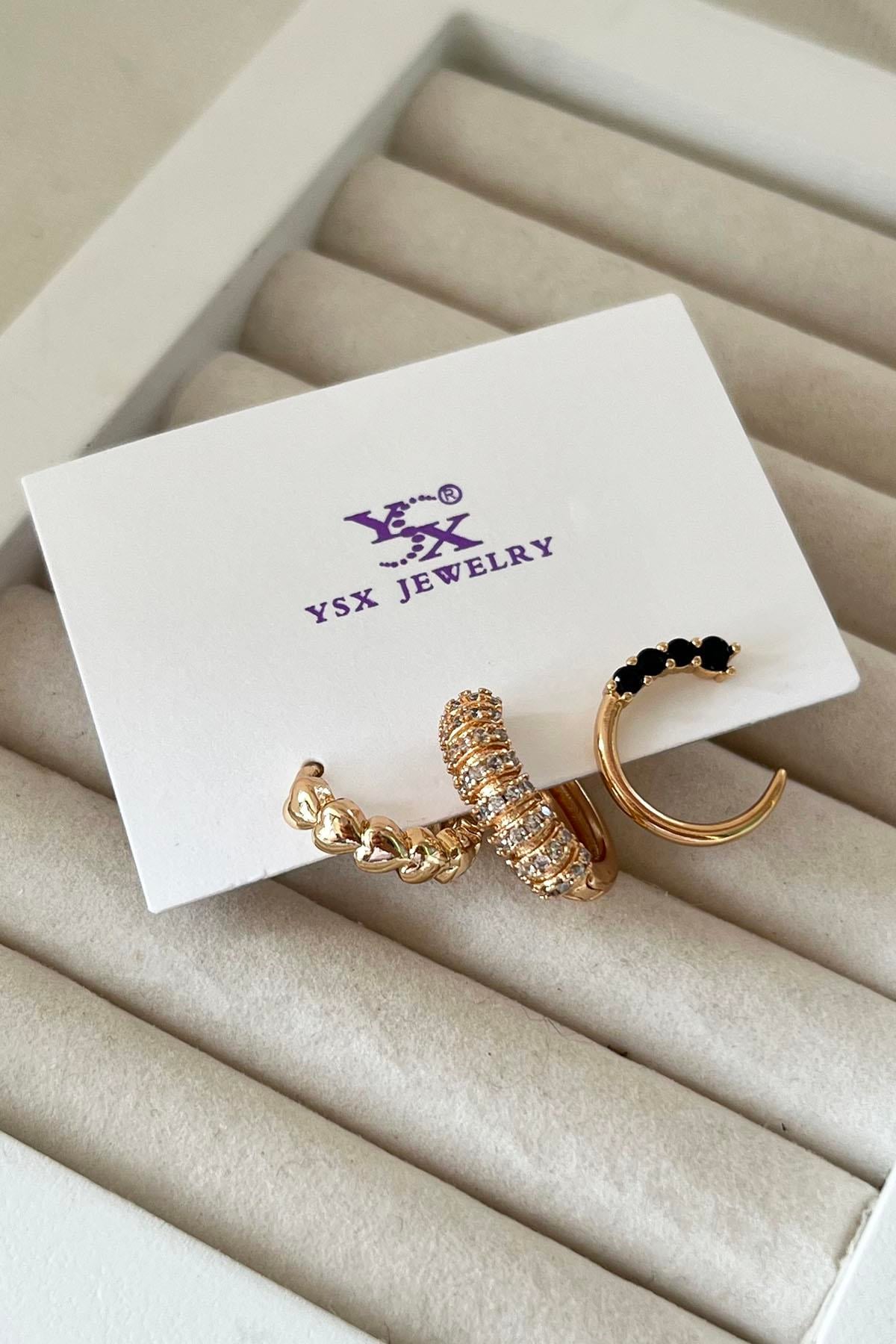 Altın Renk Taş Detaylı VİP 3'lü YSX Küpe Set