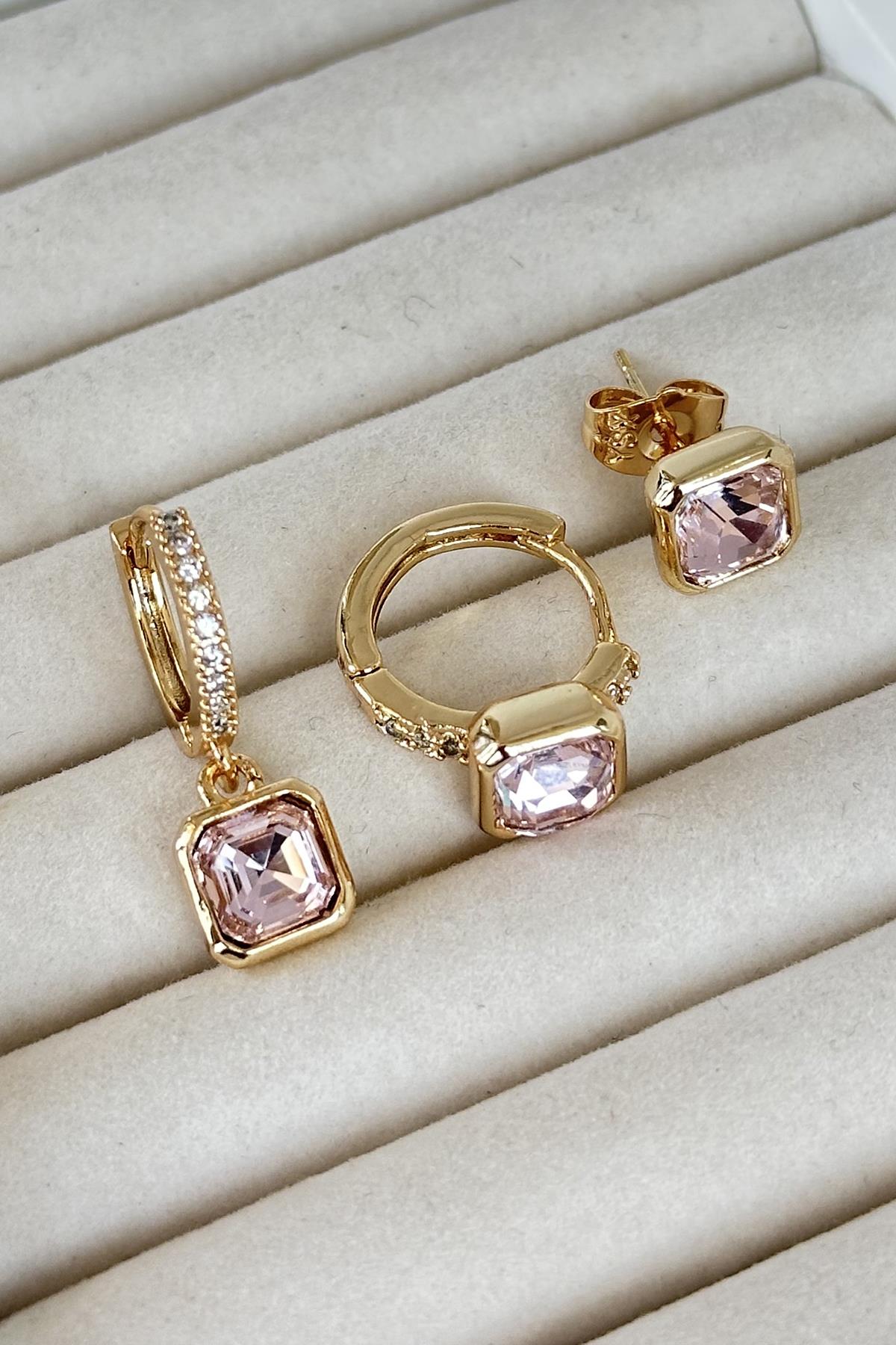 Altın Renk Taş Detaylı VİP 3'lü YSX Küpe Set