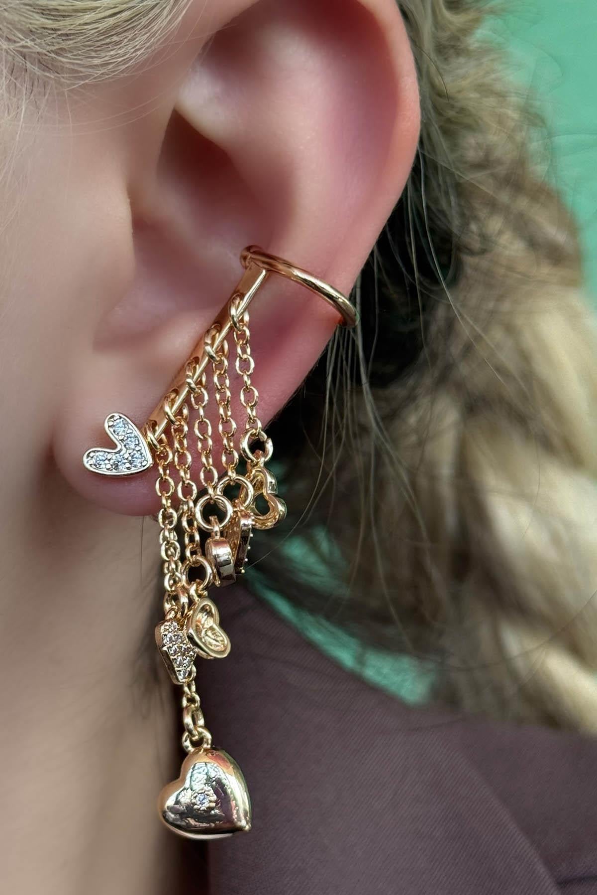Altın Renk Taş Detaylı YSX Ear Cuff Küpe