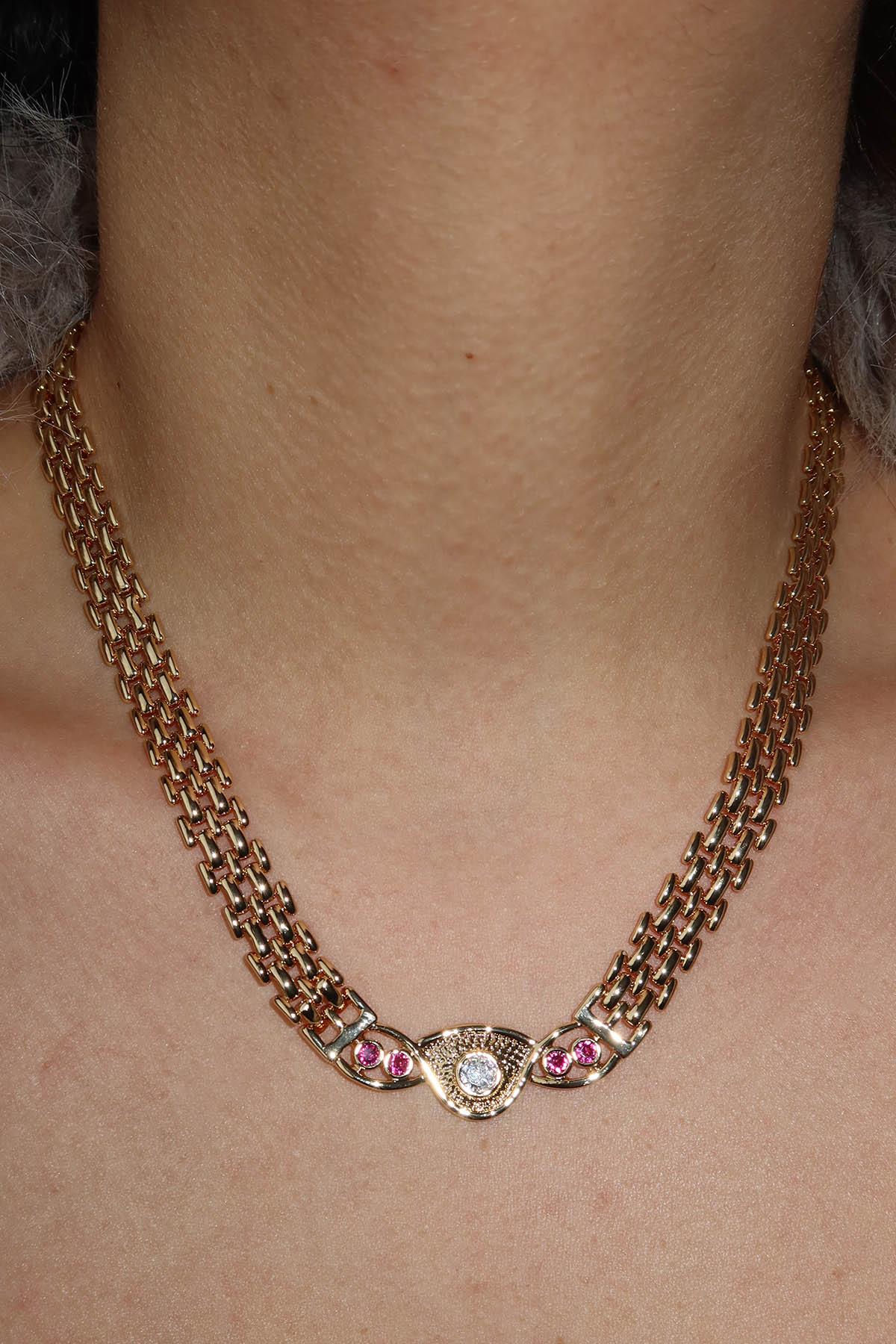 Altın Renk Taşlı Zincir Detaylı VİP YSX Kolye