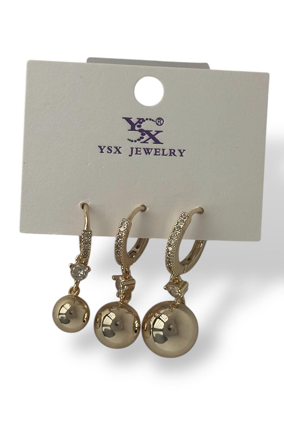 Altın Renk Top Detaylı VİP 3'lü YSX Küpe Set