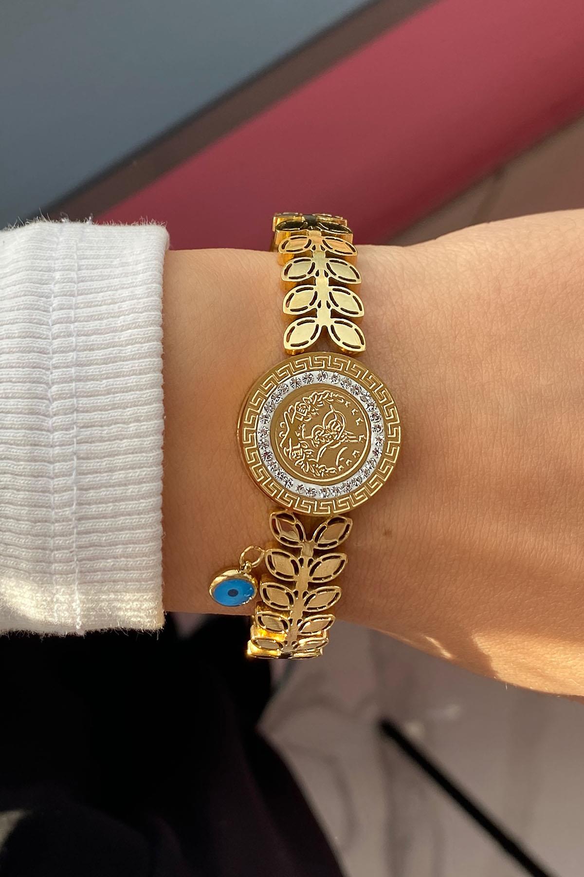 Altın Renk Tuğra Figürlü Çelik Kelepçe Bileklik