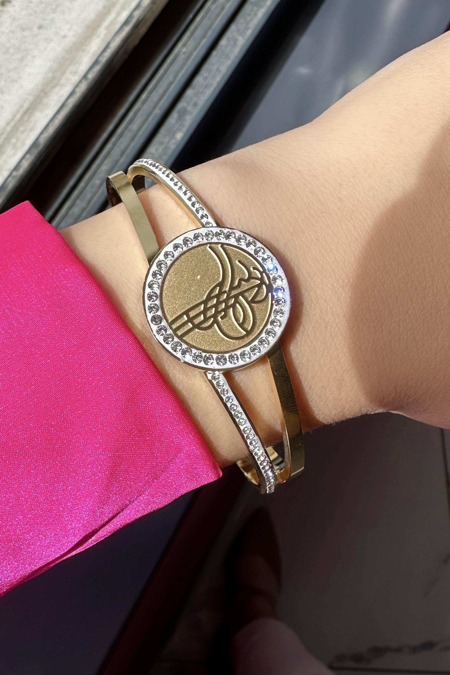 Altın Renk Tuğra Figürlü Taşlı Çelik Bileklik