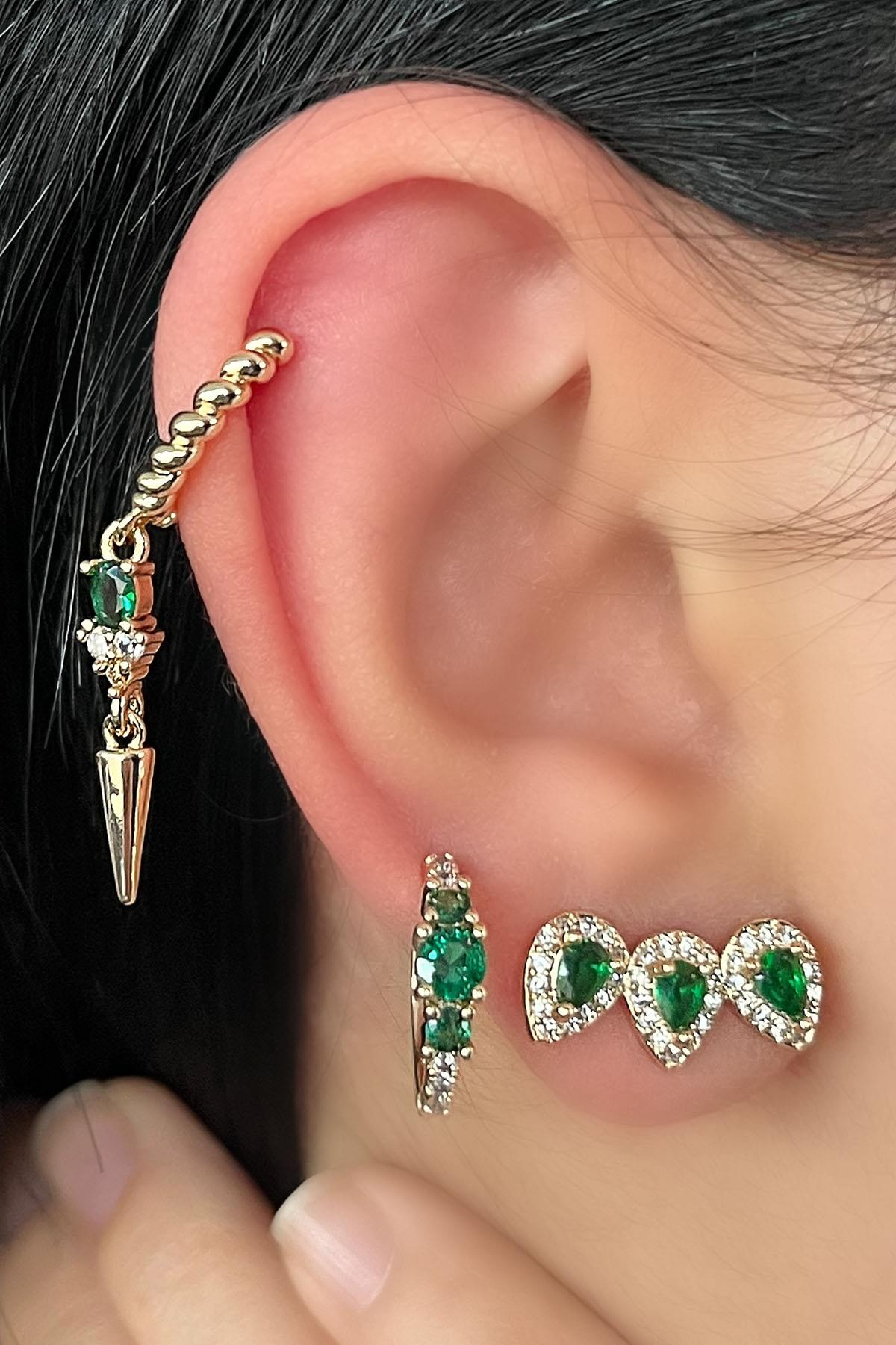 Altın Renk Yeşil Taş Detaylı VİP 3'lü YSX Küpe Set