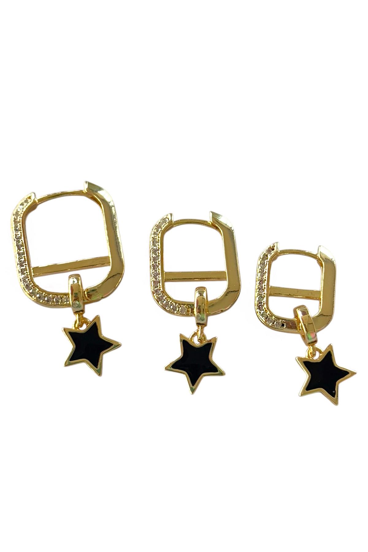 Altın Renk Yıldız Figürlü Taş Detaylı VİP 3'lü YSX Küpe Set