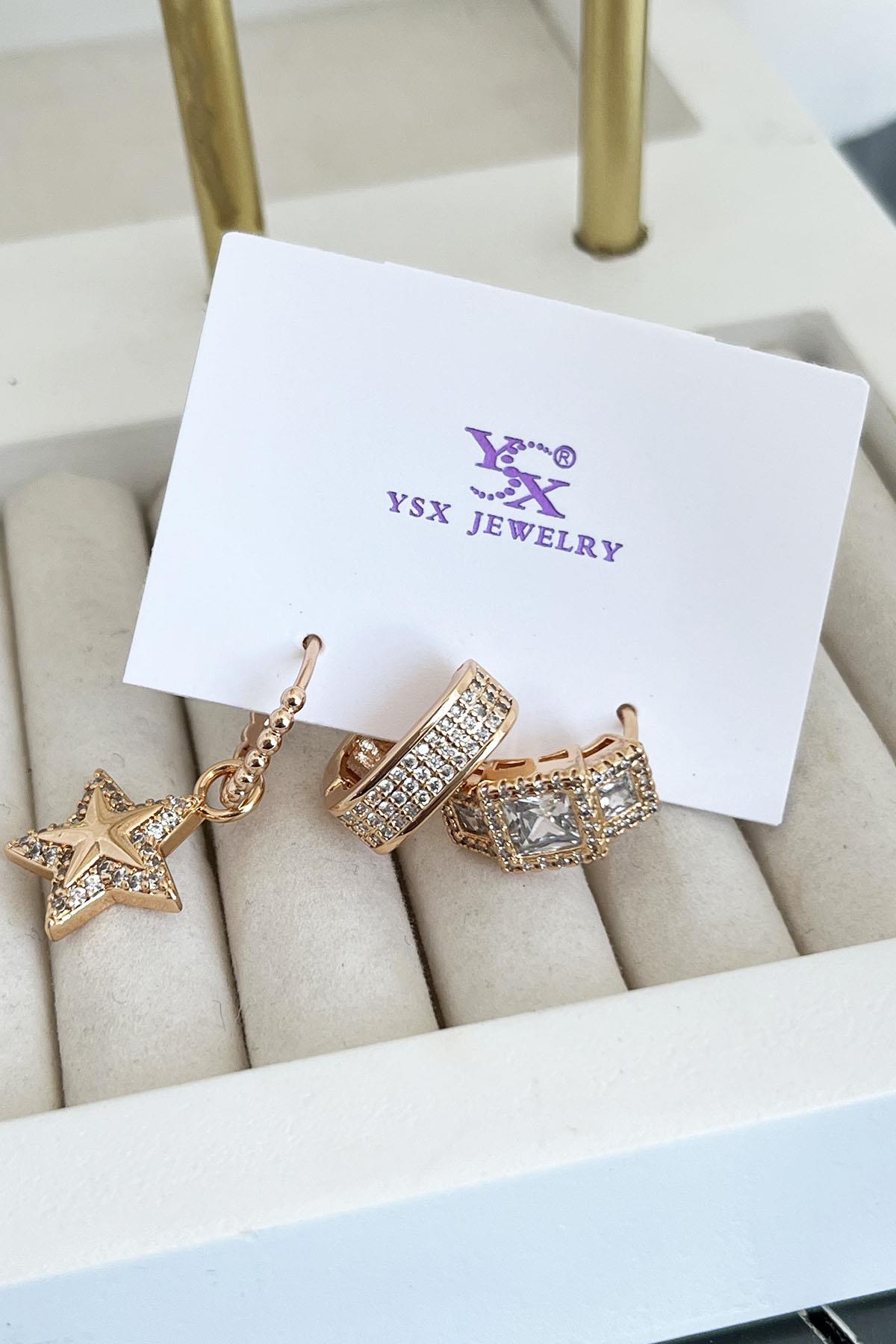 Altın Renk Yıldız Figürlü Taş Detaylı VİP 3'lü YSX Küpe Set