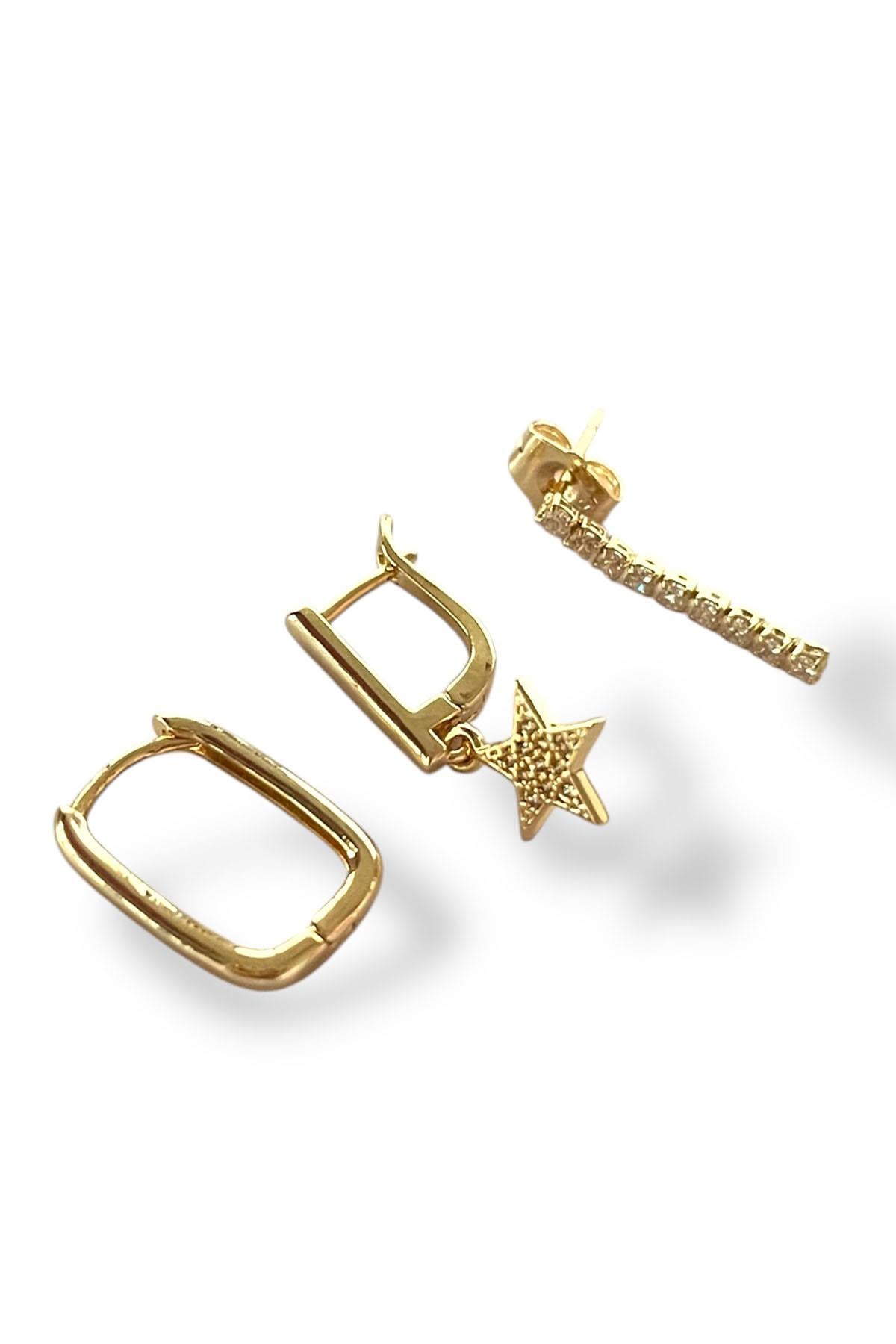 Altın Renk Yıldız Figürlü Taş Detaylı  VİP 3'lü YSX Küpe Set