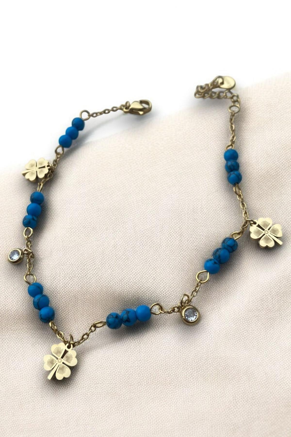 Altın Renk Yonca Figürlü Boncuk Detaylı Çelik Halhal