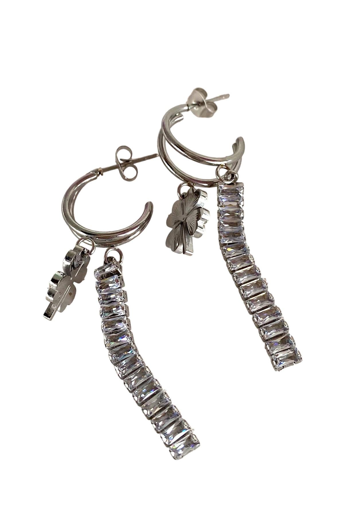 Altın Renk Yonca Figürlü Taşlı Çelik Küpe (Çift)