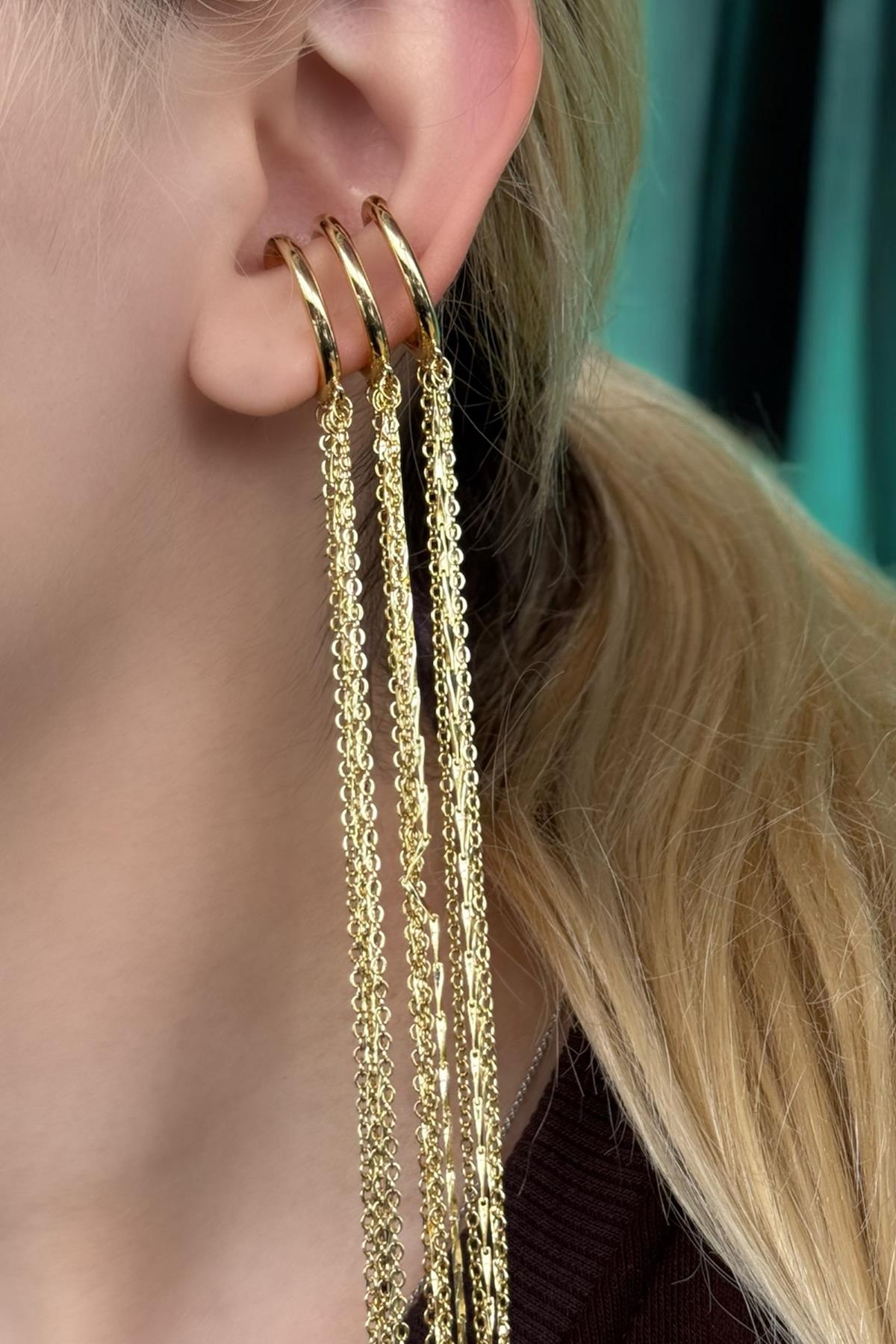 Altın Renk Zincir Detaylı Sallantılı Ear Cuff (Tek)