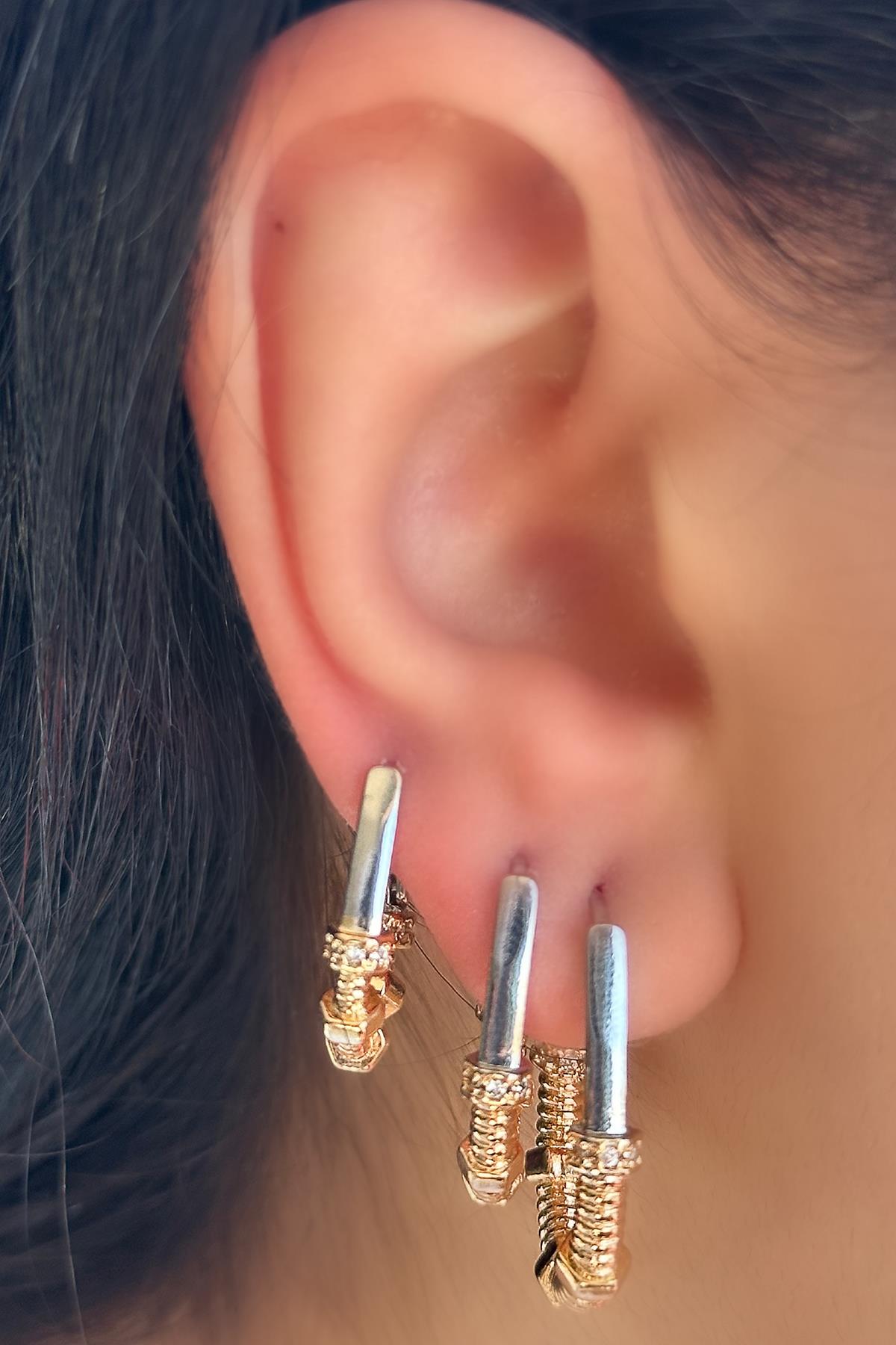 Altın Ve Gümüş Renk 3'lü YSX Küpe Set