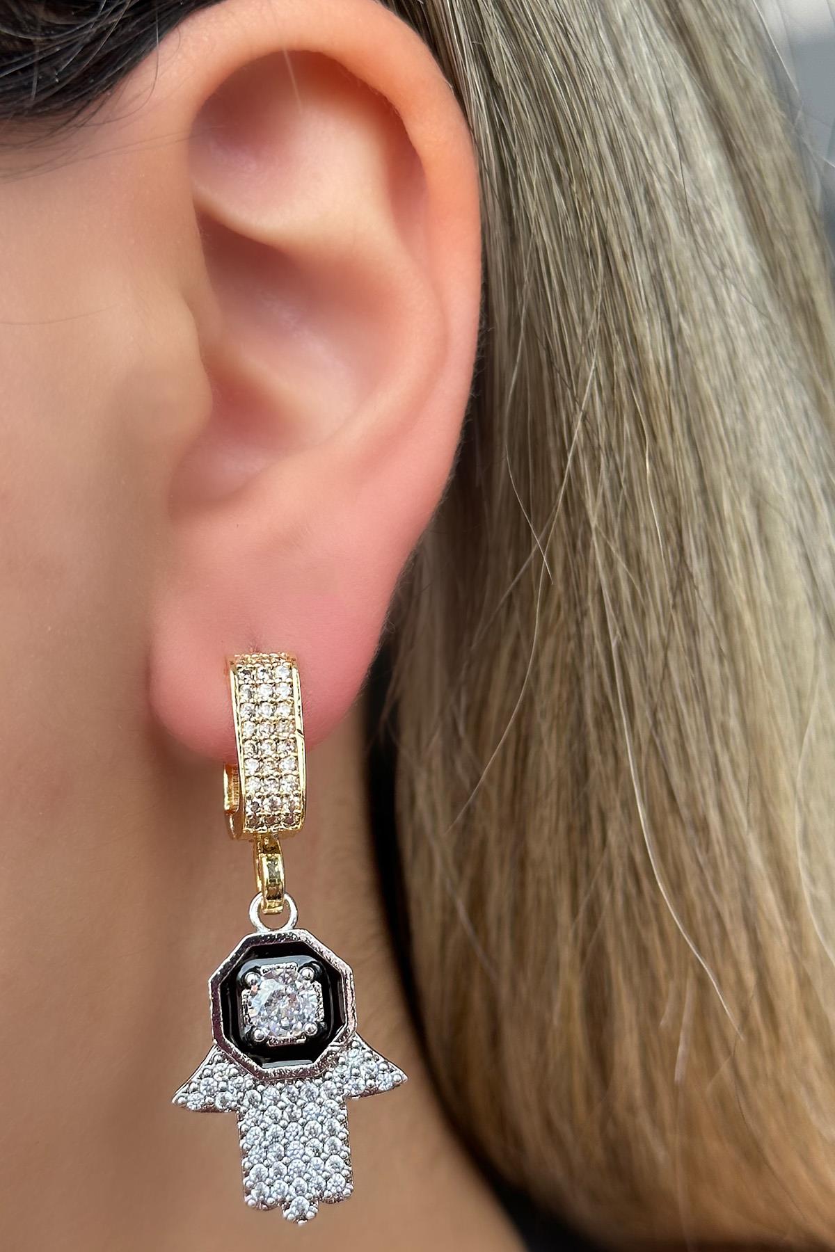 Altın Ve Gümüş Renk Fatma Ana Eli Figürlü Taş Detaylı Küpe (Çift)