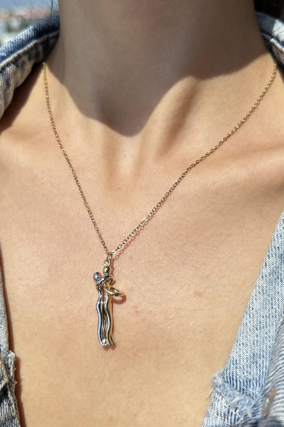 Altın Ve Gümüş Renk Sarılan Çelik Çift Kolyesi