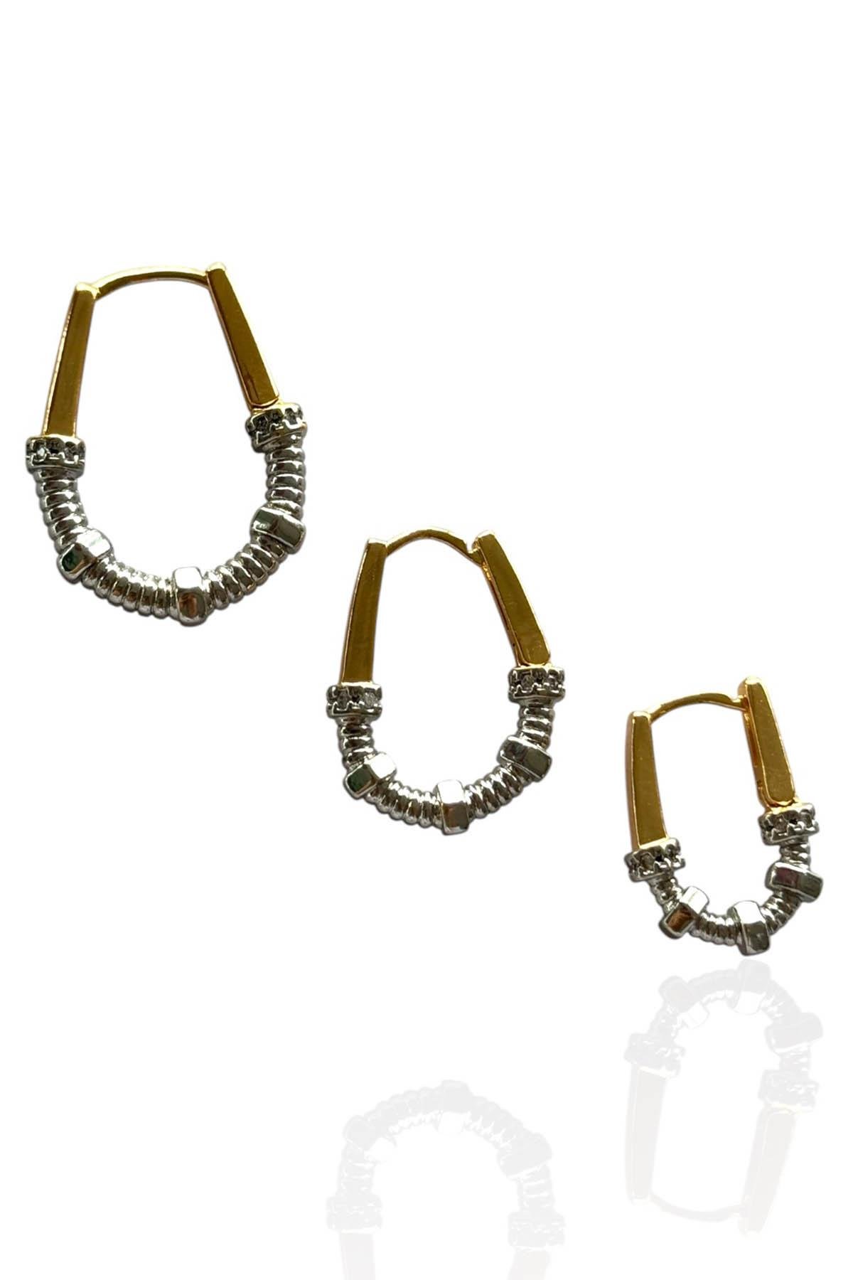 Altın Ve Gümüş Renk Taş Detaylı 3'lü YSX Küpe Set