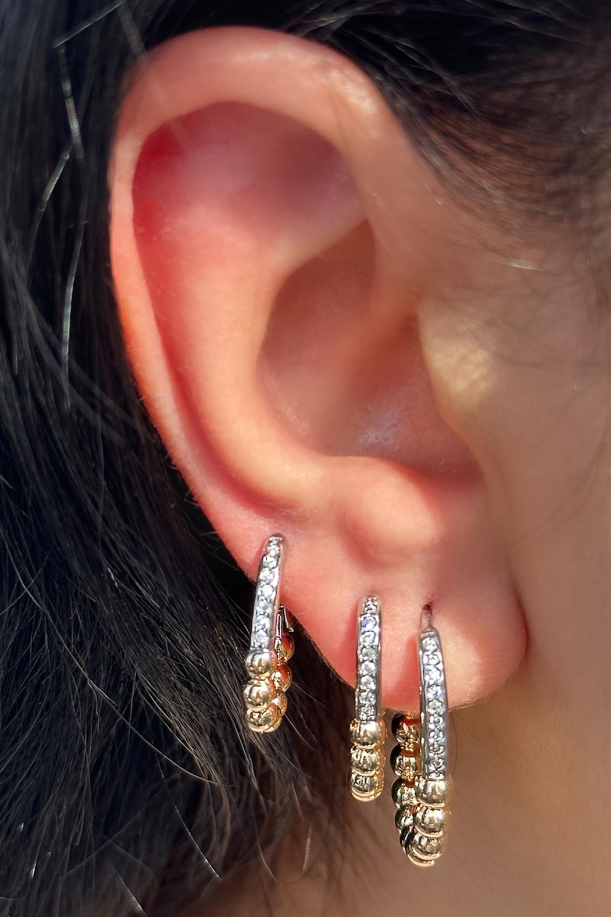 Altın Ve Gümüş Renk Taş Detaylı 3'lü YSX Küpe Set