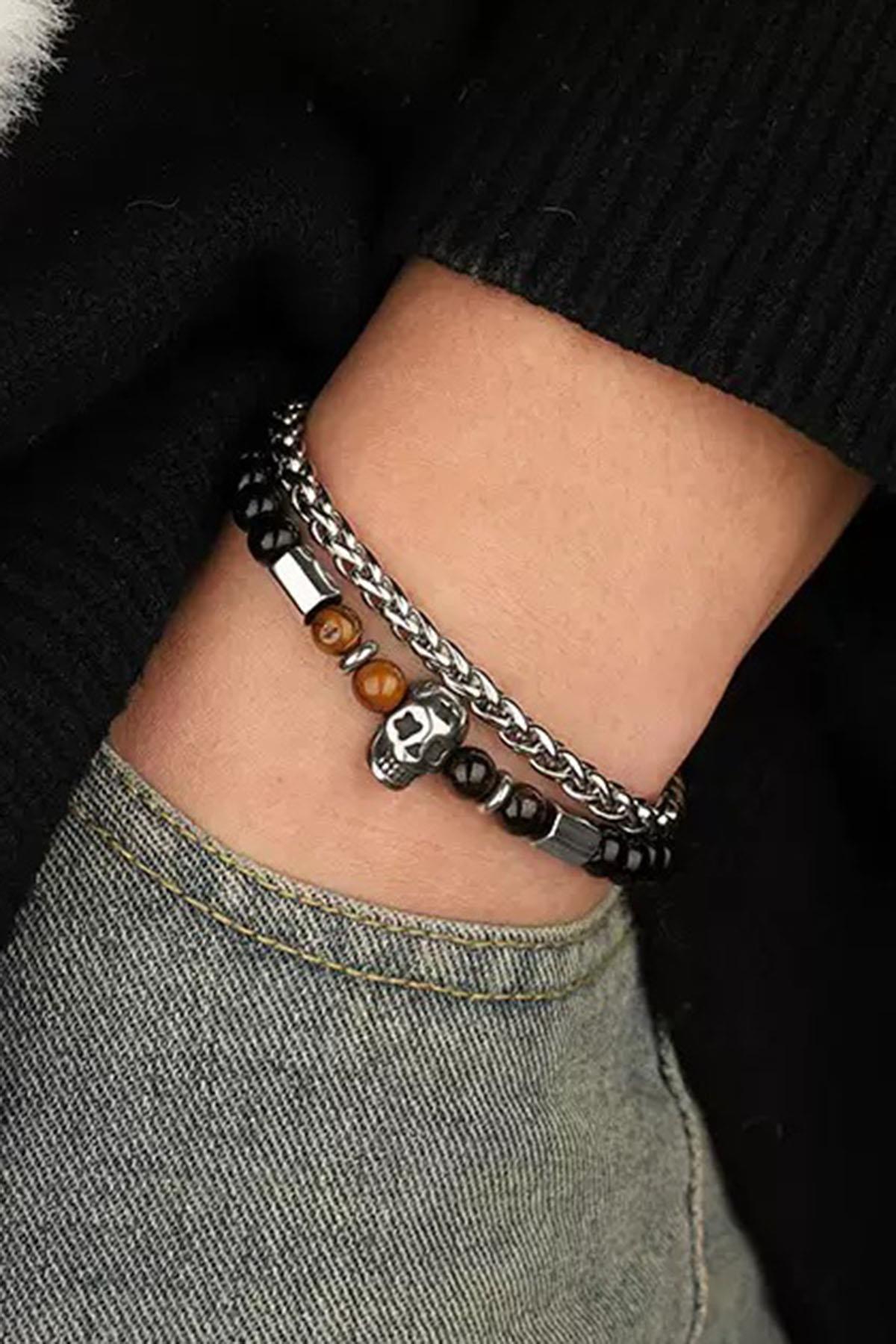 Karışık Renk Kurukafa Figürlü Zincir Ve Boncuk  Detaylı Çelik Erkek Bileklik