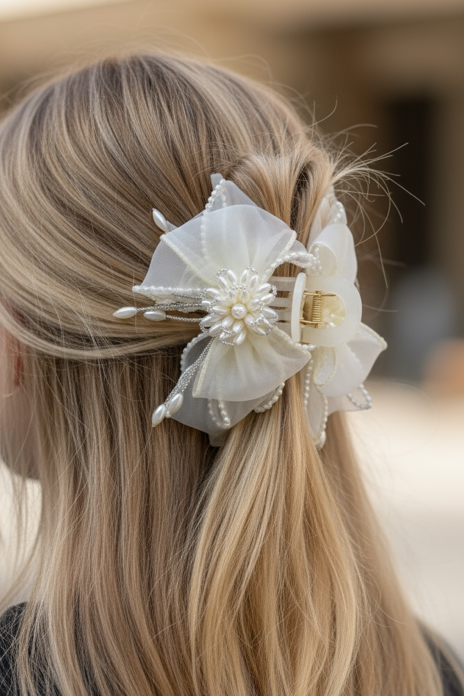 Krem Renk Kurdele Figürlü İnci Detaylı Mandal Toka