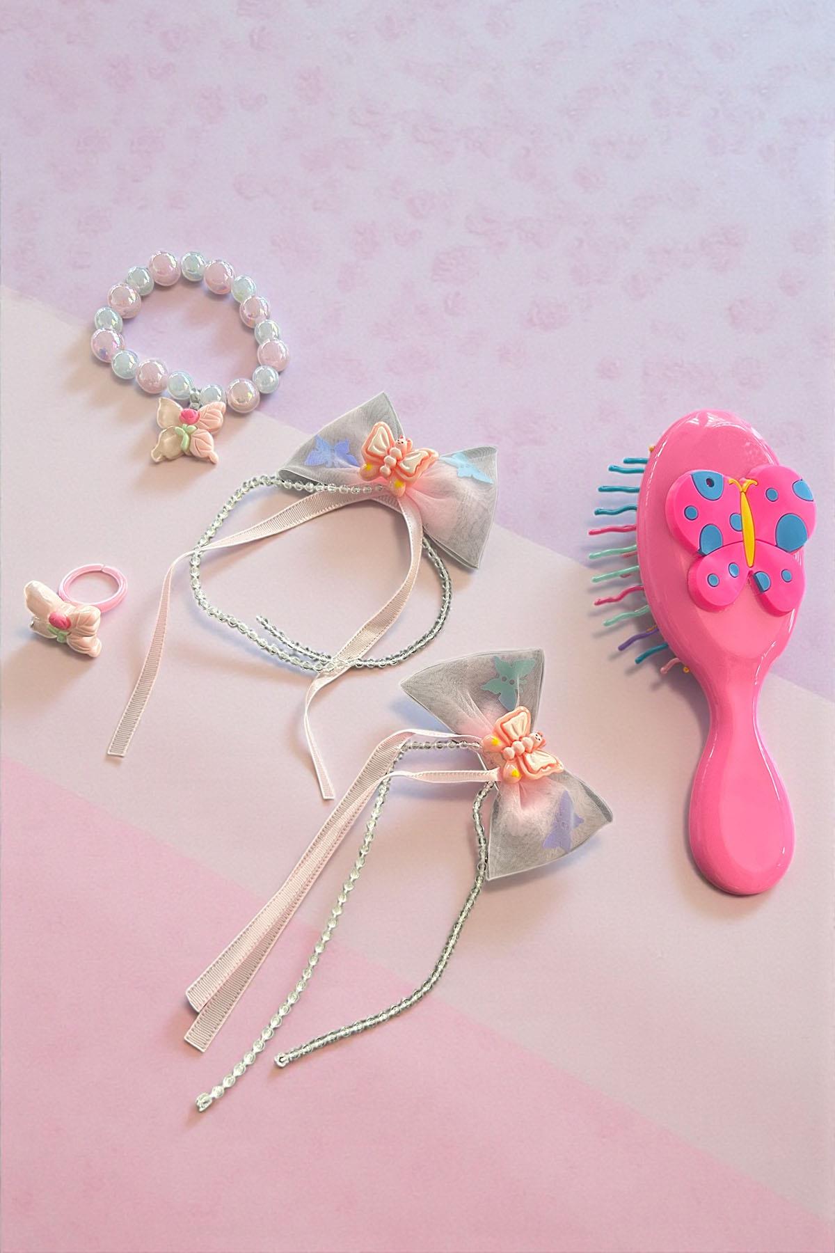 Koyu Pembe Renk Kelebek Figürlü Tarak /Bileklik /Yüzük Ve Toka Set