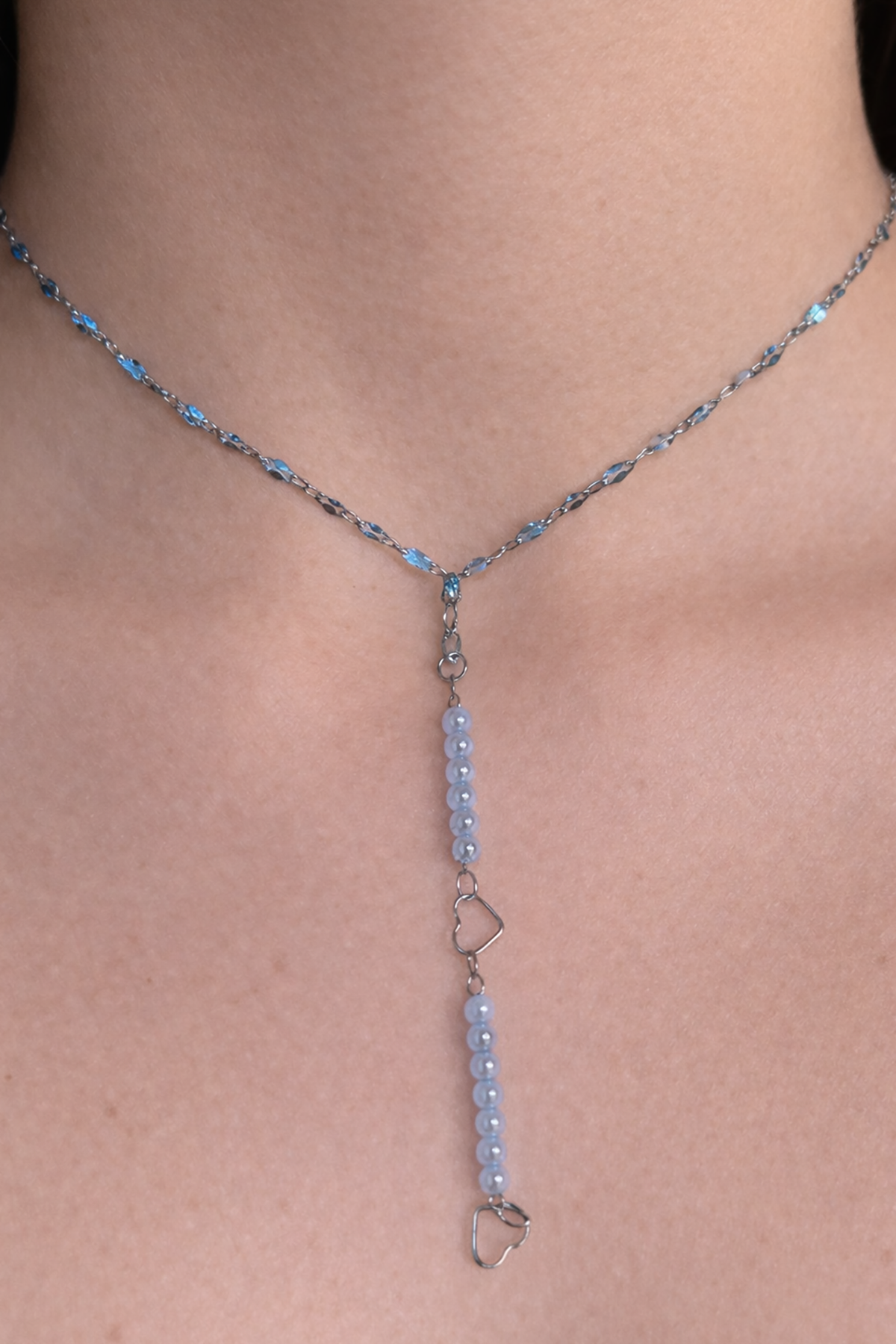 Gümüş Renk İnci Detaylı Çelik Y Kolye