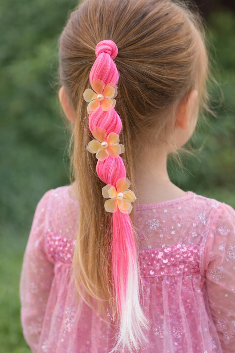 Pembe Renk Çiçek Figürlü Saç Detaylı Lastik Toka