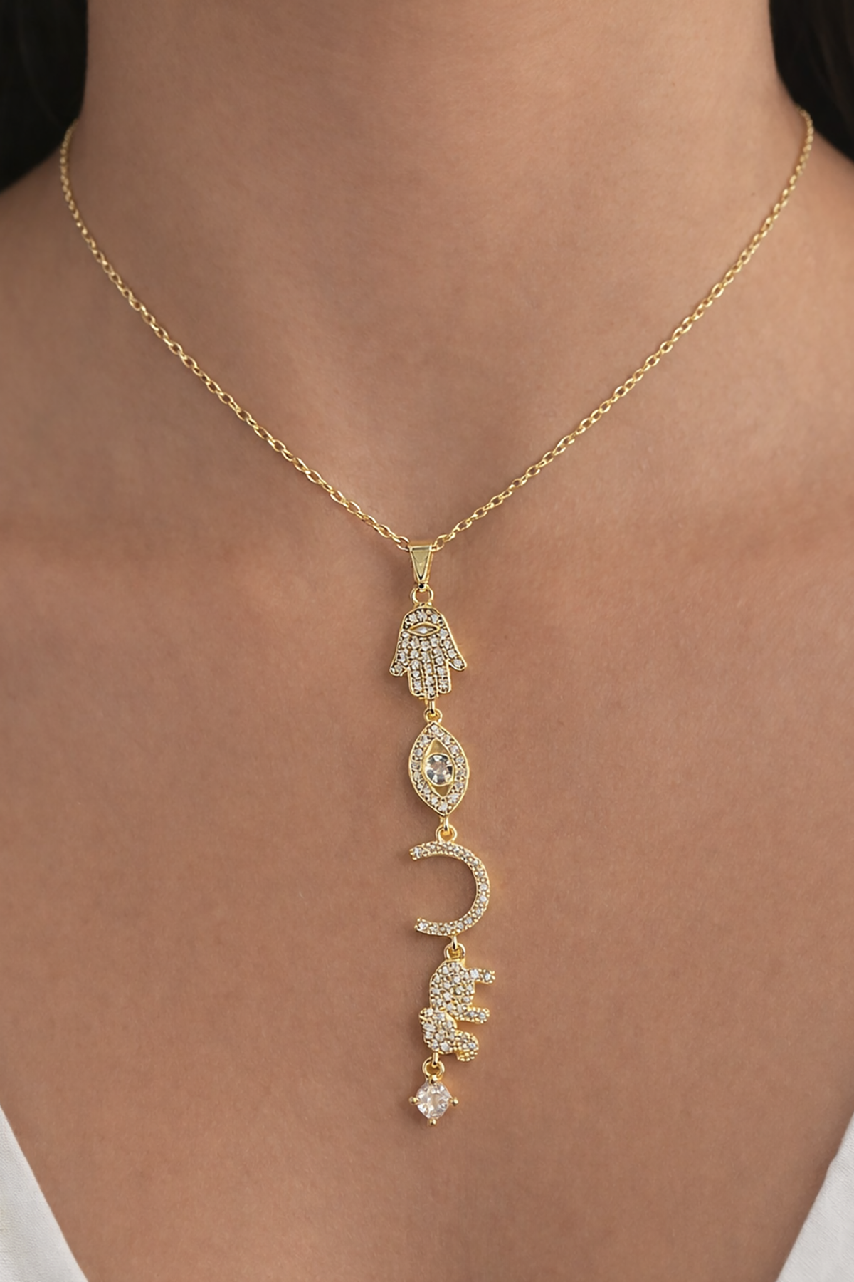 Altın Renk Taş Detaylı Y Kolye