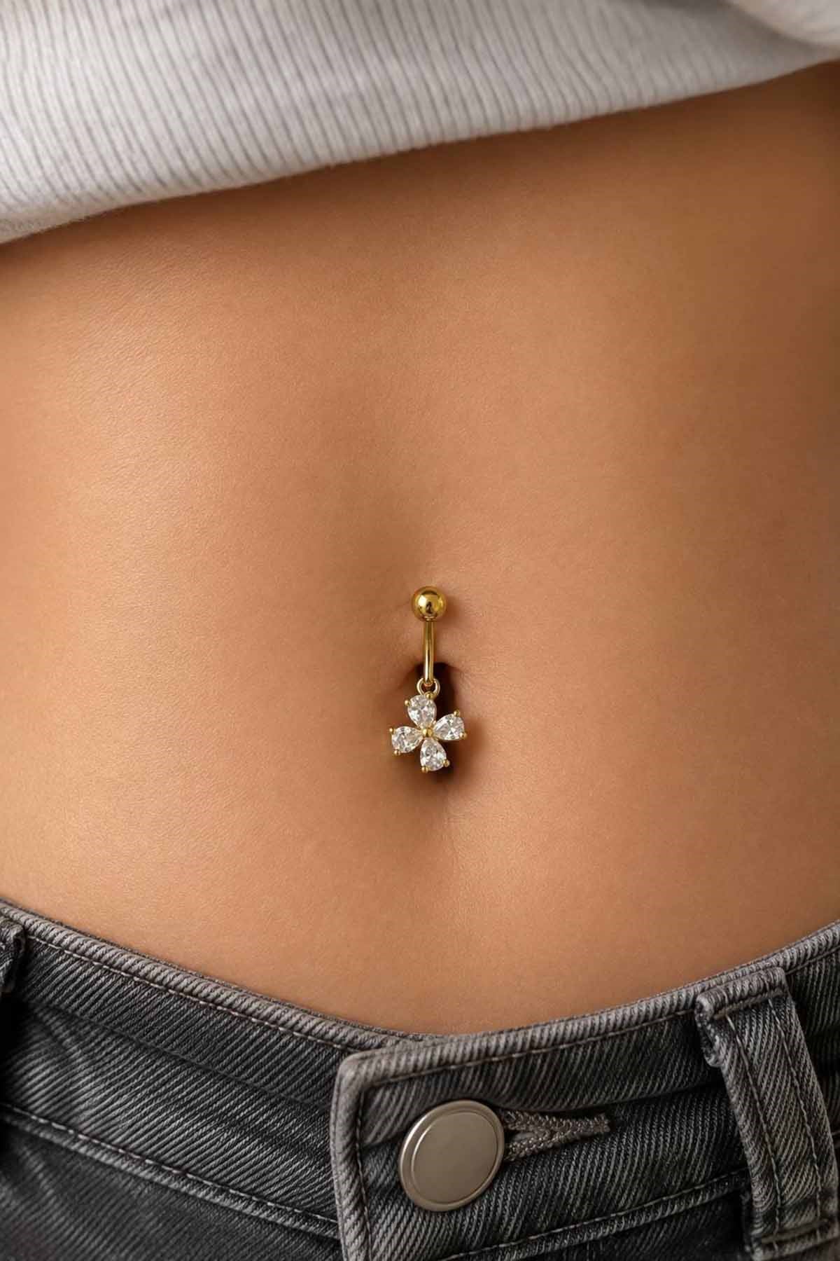 Altın Renk Çiçek Figürlü Taşlı Cerrahi Çelik Göbek Piercing