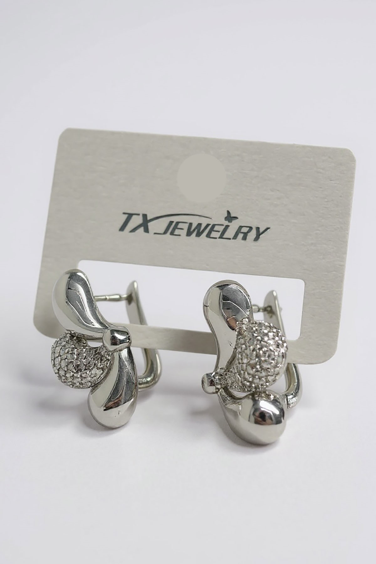 Gümüş Renk Taş Detaylı 14K Altın Kaplama TX Küpe (Çift)